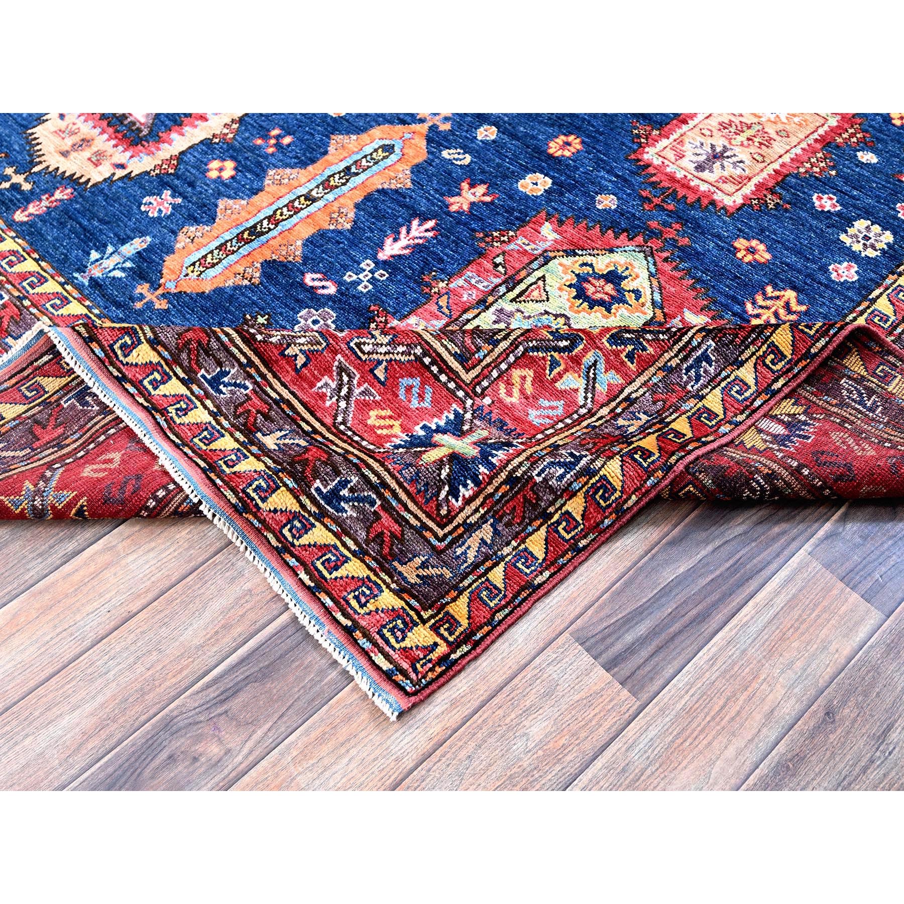 8'5"x9'8" Yale Blue, Afghan Ersari with Turkish Knot, Caucasian Design Revival, Vegetable Dyes, Hand Knotted, Velvety Wool, Oriental Rug Sh553