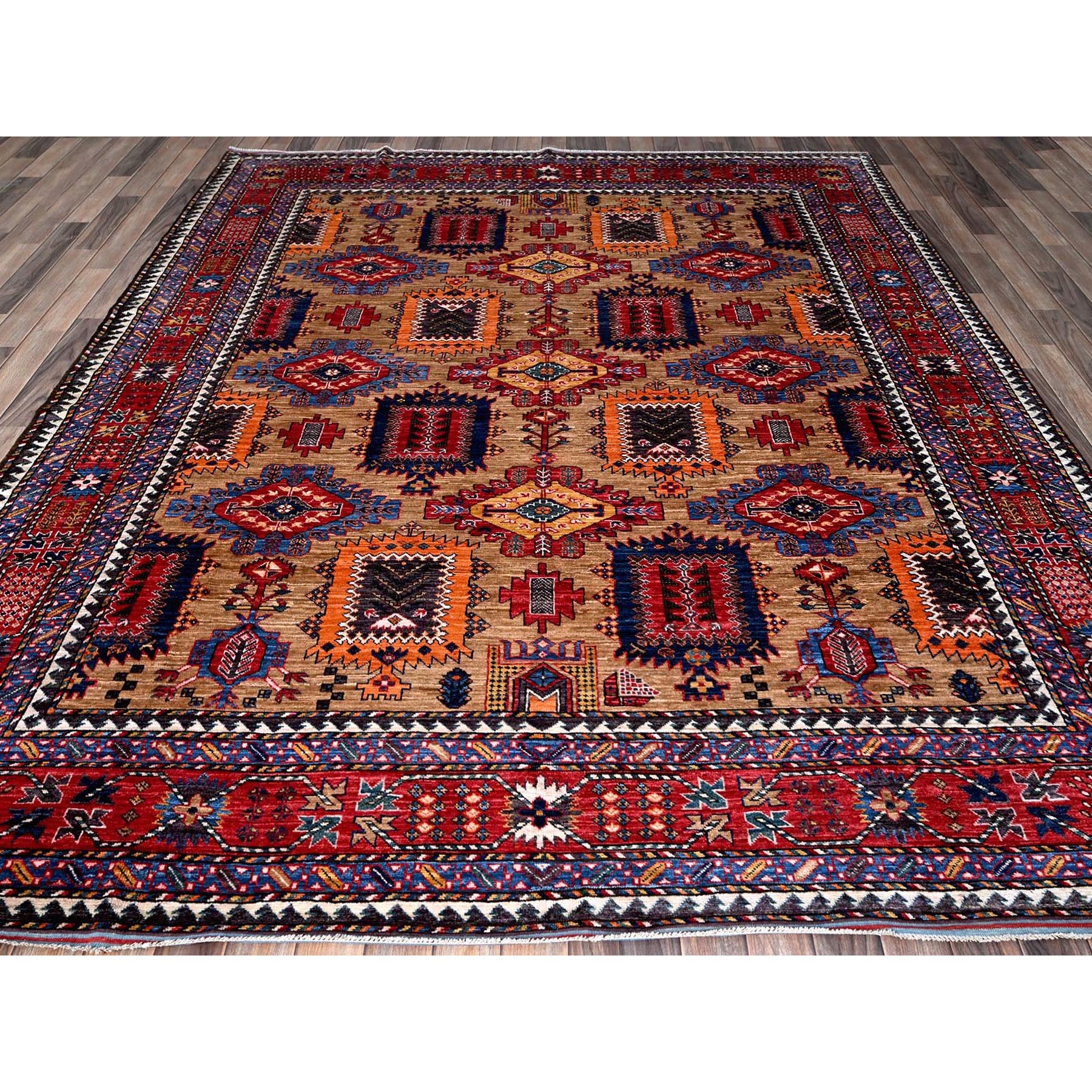 8'1"x9'7" Beige, Afghan Ersari with Turkish Knot, Caucasian Design Revival, Vegetable Dyes, Hand Knotted, Soft and Vibrant Wool, Densely Woven, Oriental Rug Sh554