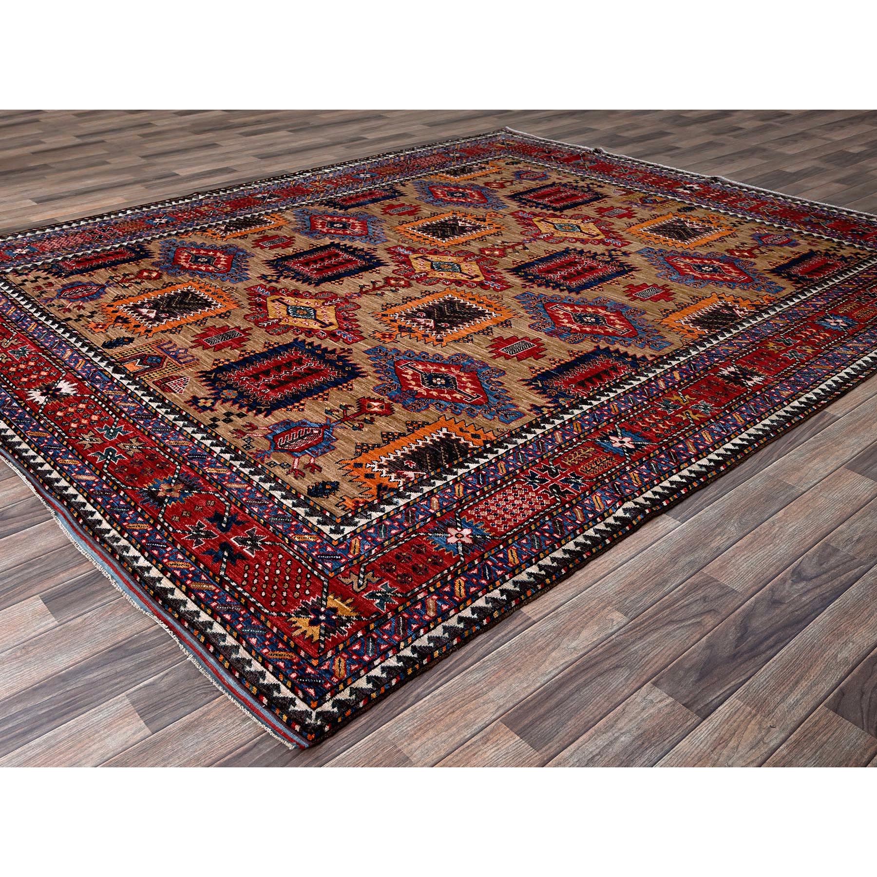 8'1"x9'7" Beige, Afghan Ersari with Turkish Knot, Caucasian Design Revival, Vegetable Dyes, Hand Knotted, Soft and Vibrant Wool, Densely Woven, Oriental Rug Sh554