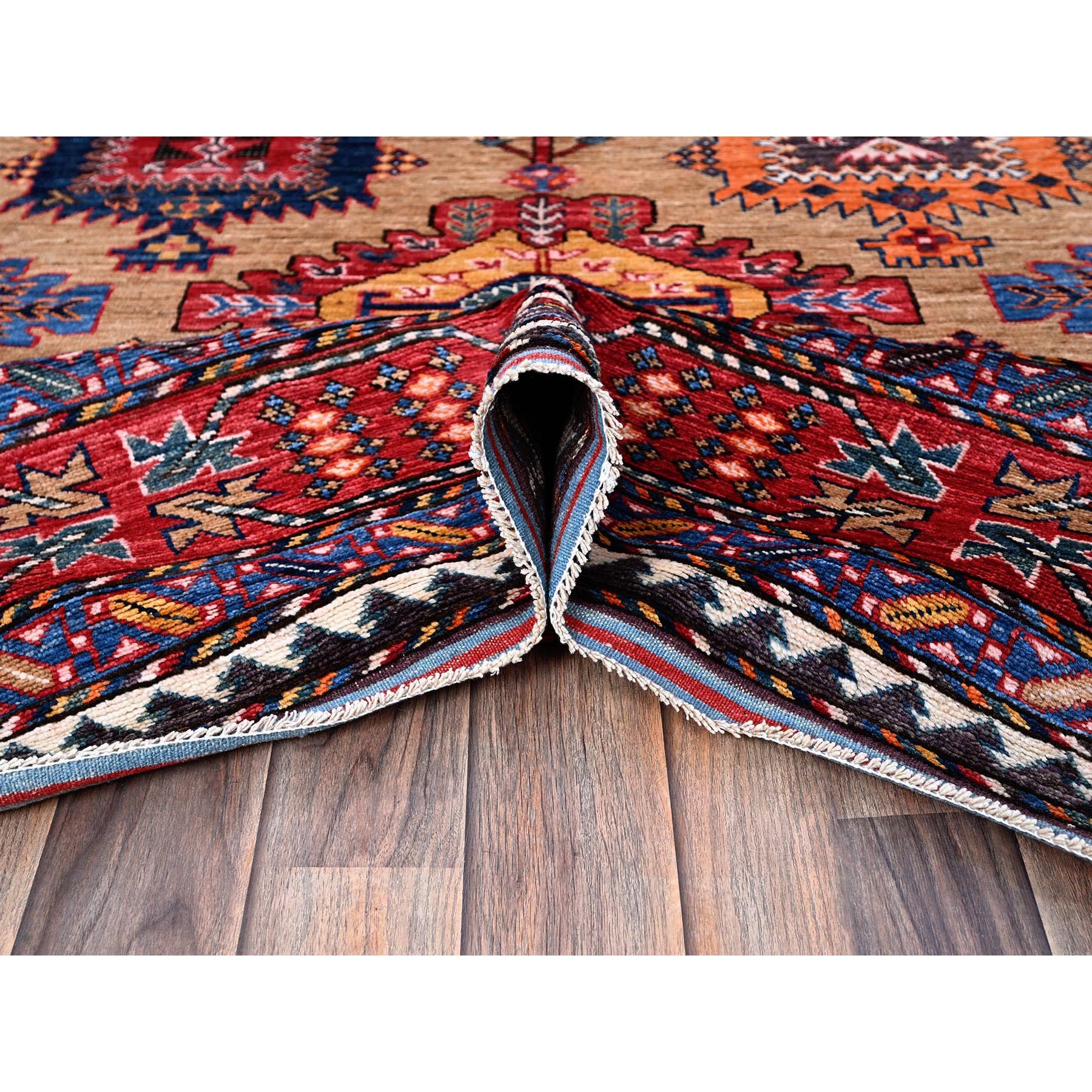 8'1"x9'7" Beige, Afghan Ersari with Turkish Knot, Caucasian Design Revival, Vegetable Dyes, Hand Knotted, Soft and Vibrant Wool, Densely Woven, Oriental Rug Sh554