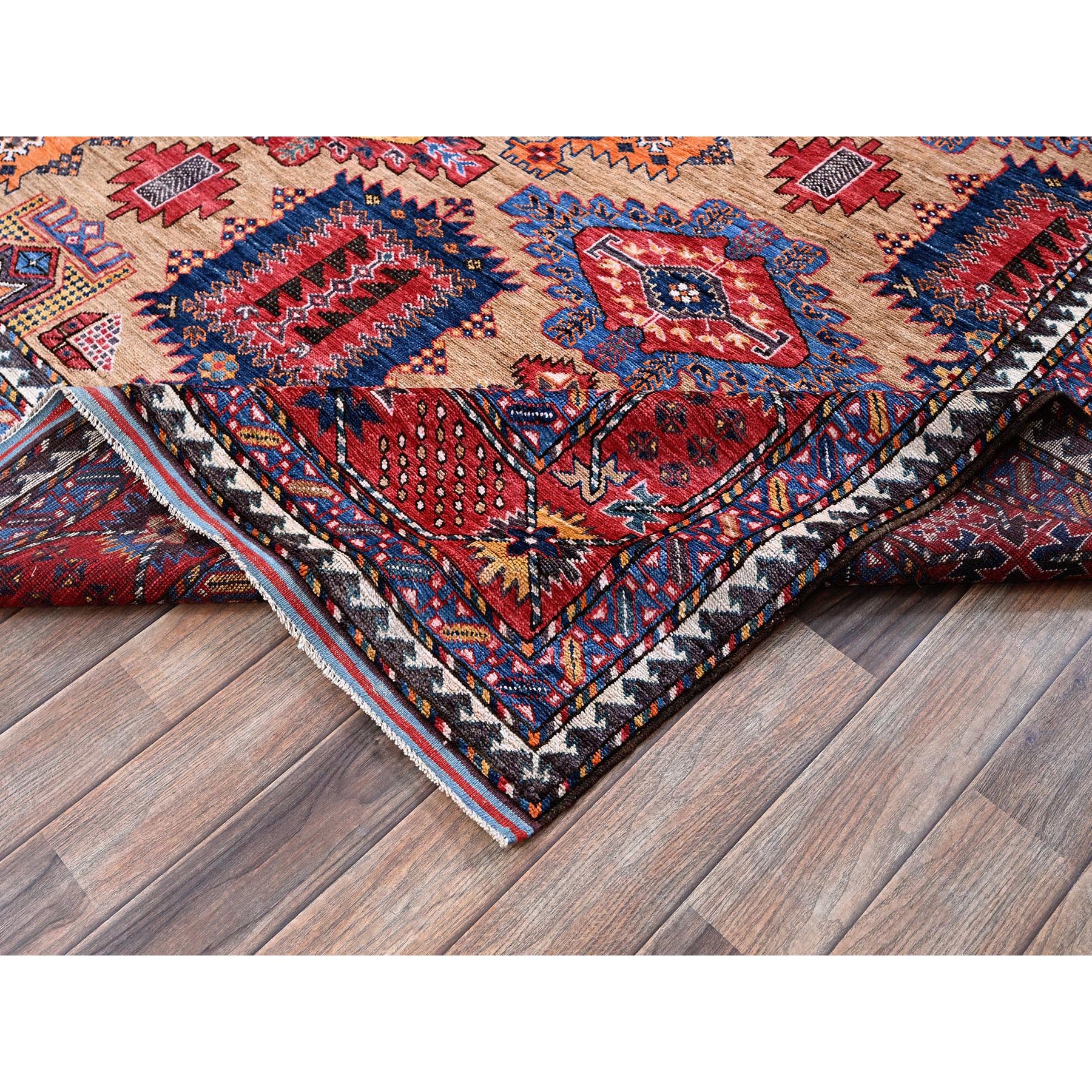 8'1"x9'7" Beige, Afghan Ersari with Turkish Knot, Caucasian Design Revival, Vegetable Dyes, Hand Knotted, Soft and Vibrant Wool, Densely Woven, Oriental Rug Sh554