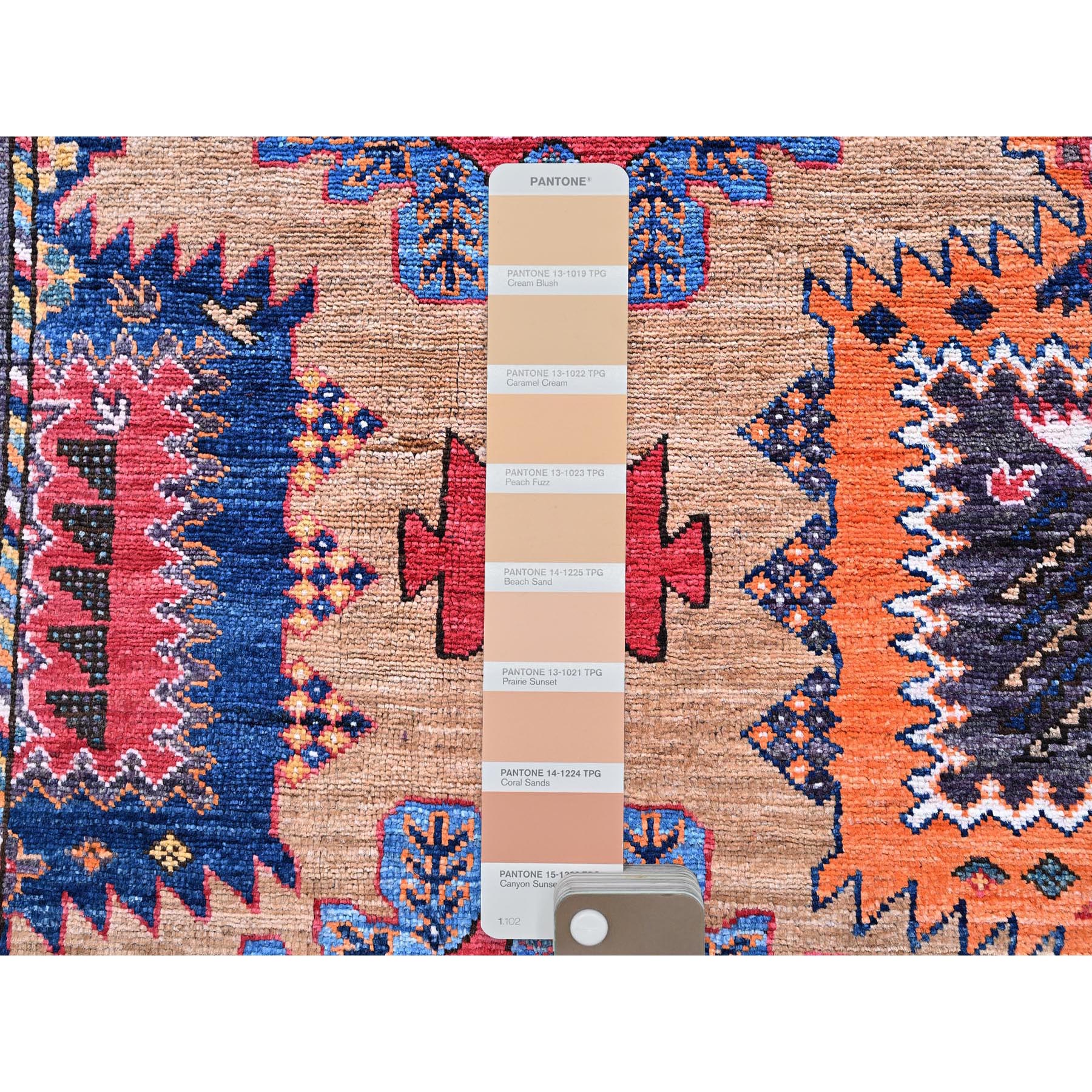 8'1"x9'7" Beige, Afghan Ersari with Turkish Knot, Caucasian Design Revival, Vegetable Dyes, Hand Knotted, Soft and Vibrant Wool, Densely Woven, Oriental Rug Sh554