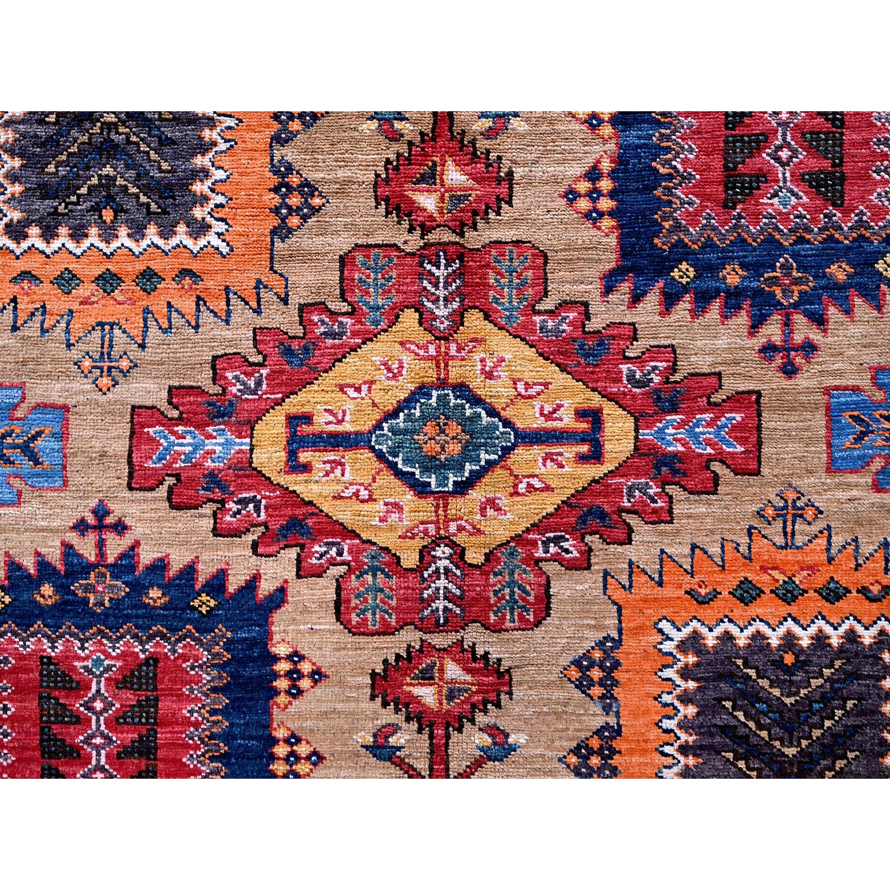 8'1"x9'7" Beige, Afghan Ersari with Turkish Knot, Caucasian Design Revival, Vegetable Dyes, Hand Knotted, Soft and Vibrant Wool, Densely Woven, Oriental Rug Sh554