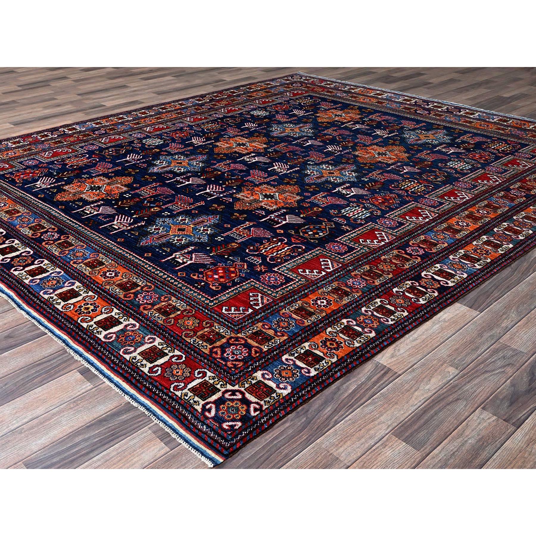 8'4"x9'6" Navy Blue, Afghan Ersari with Turkish Knot, Caucasian Design Revival, Ancient Bird Figurines, Hand Knotted, 100% Wool, Vegetable Dyes, Oriental Rug Sh555
