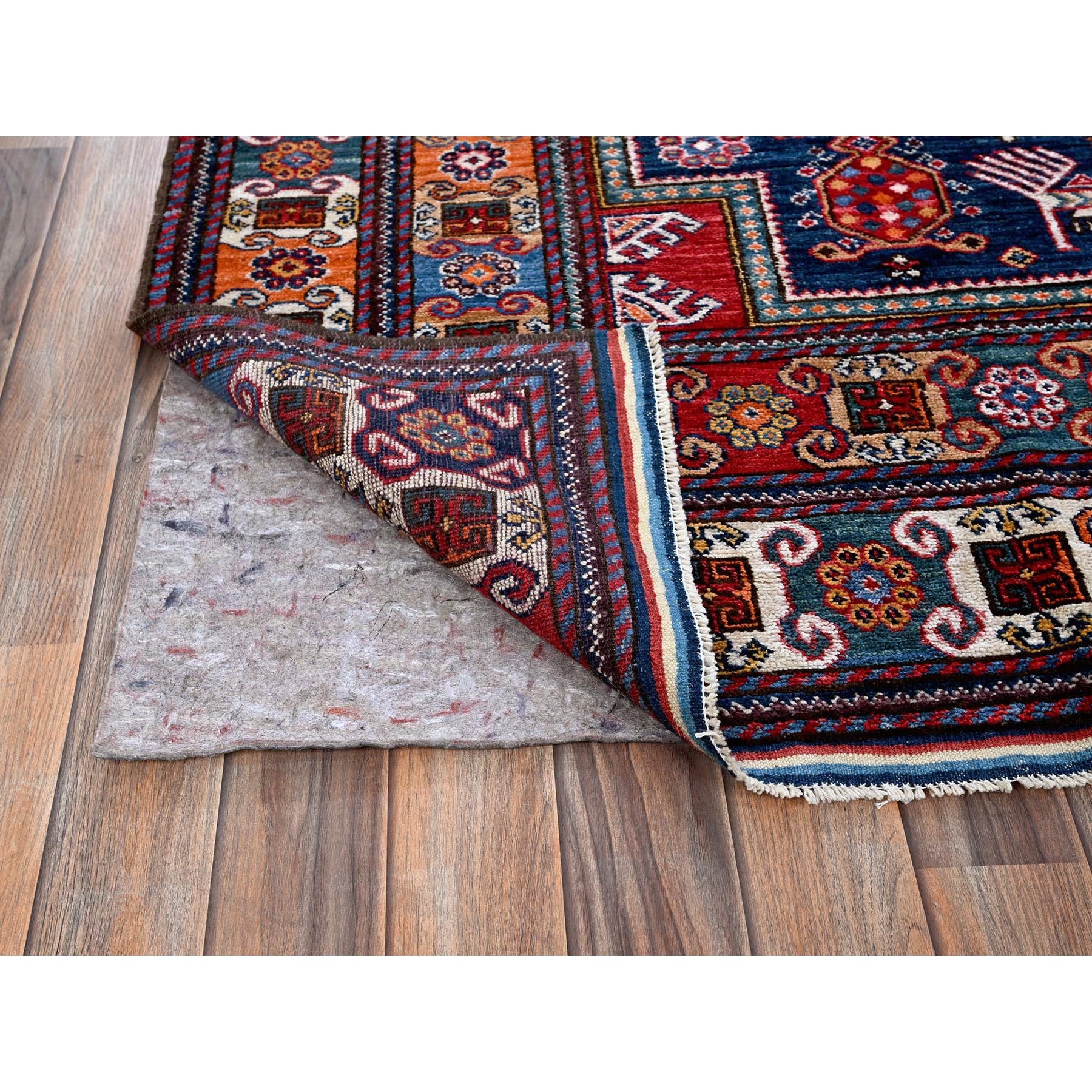 8'4"x9'6" Navy Blue, Afghan Ersari with Turkish Knot, Caucasian Design Revival, Ancient Bird Figurines, Hand Knotted, 100% Wool, Vegetable Dyes, Oriental Rug Sh555
