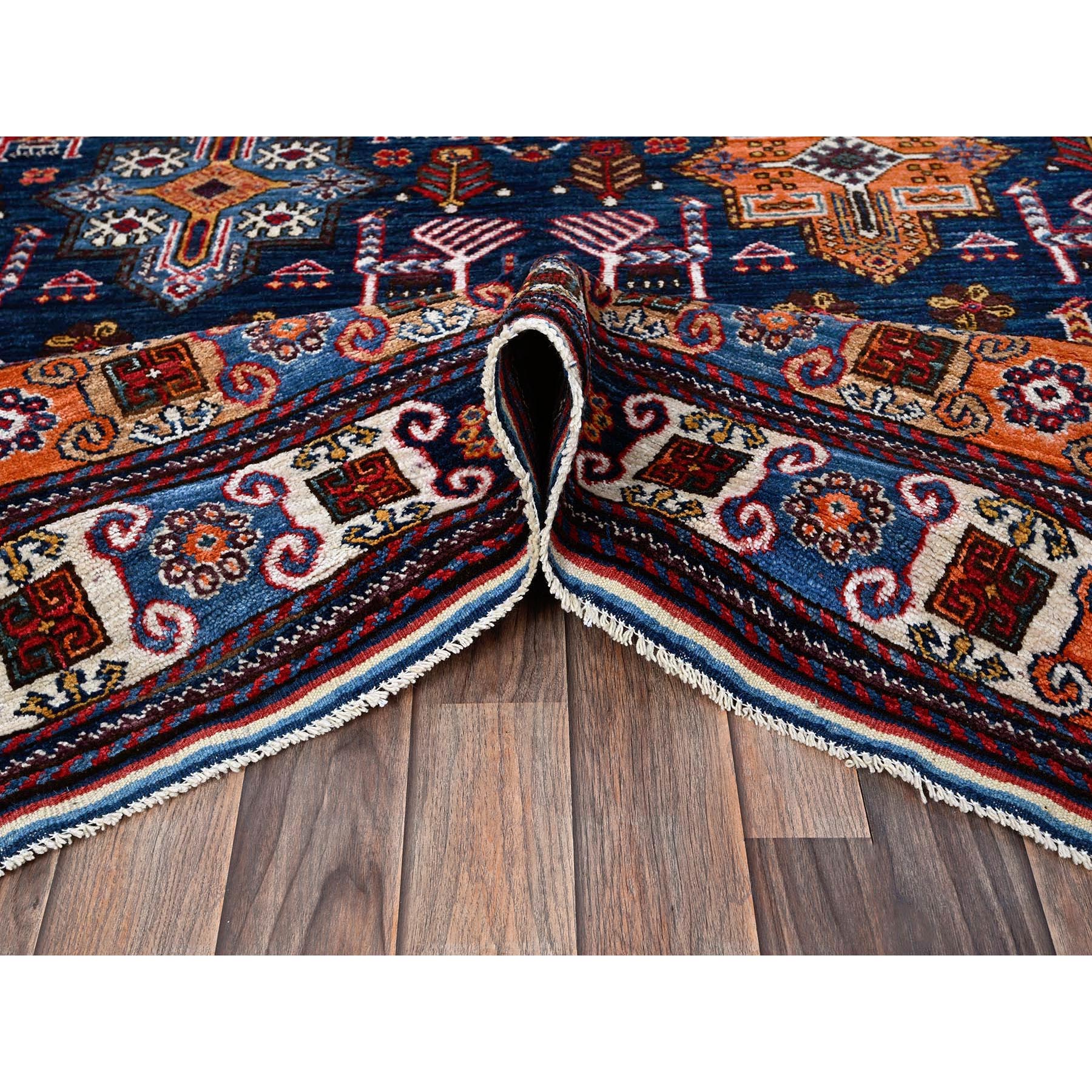 8'4"x9'6" Navy Blue, Afghan Ersari with Turkish Knot, Caucasian Design Revival, Ancient Bird Figurines, Hand Knotted, 100% Wool, Vegetable Dyes, Oriental Rug Sh555