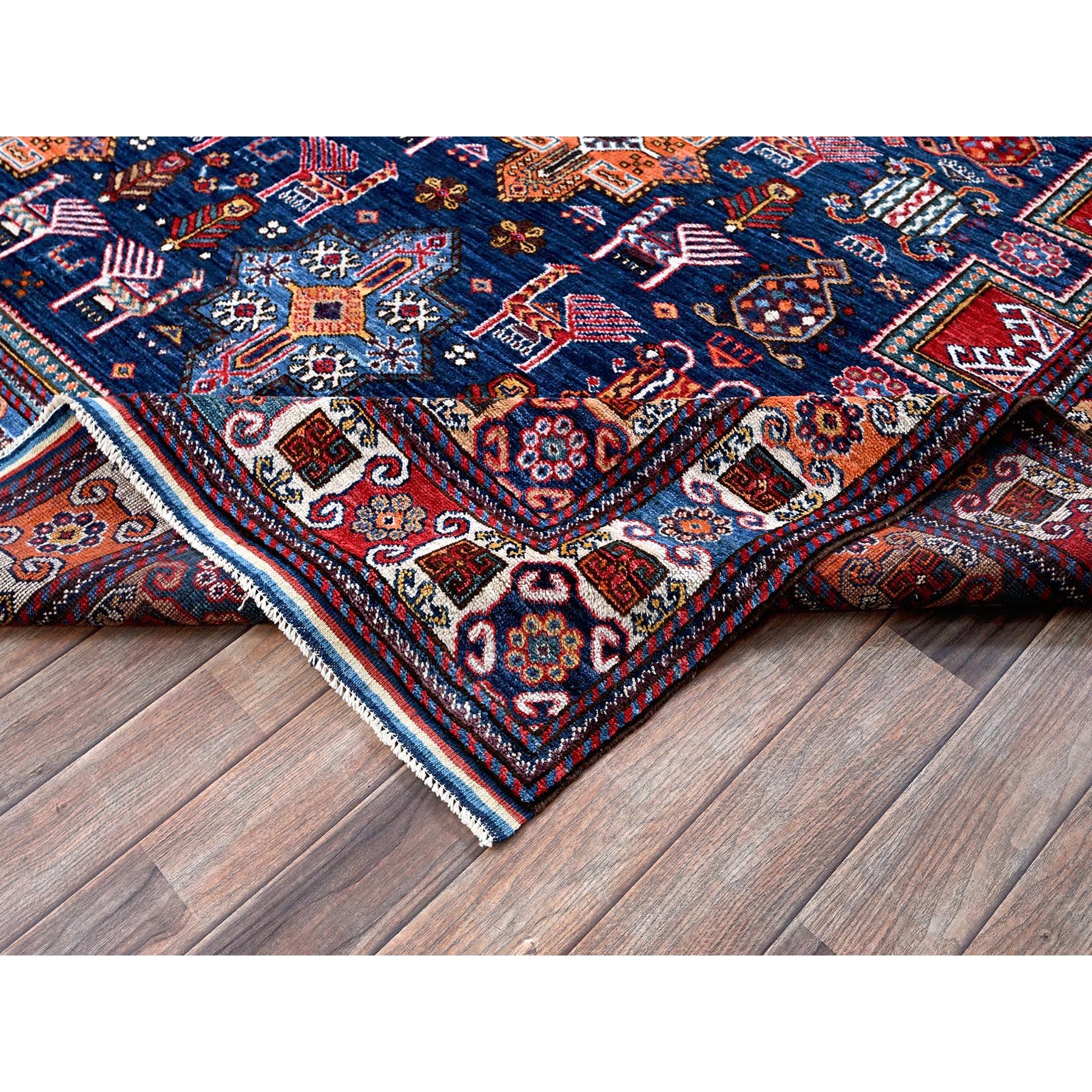 8'4"x9'6" Navy Blue, Afghan Ersari with Turkish Knot, Caucasian Design Revival, Ancient Bird Figurines, Hand Knotted, 100% Wool, Vegetable Dyes, Oriental Rug Sh555