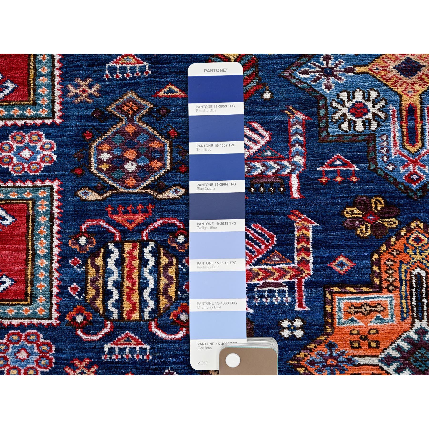 8'4"x9'6" Navy Blue, Afghan Ersari with Turkish Knot, Caucasian Design Revival, Ancient Bird Figurines, Hand Knotted, 100% Wool, Vegetable Dyes, Oriental Rug Sh555