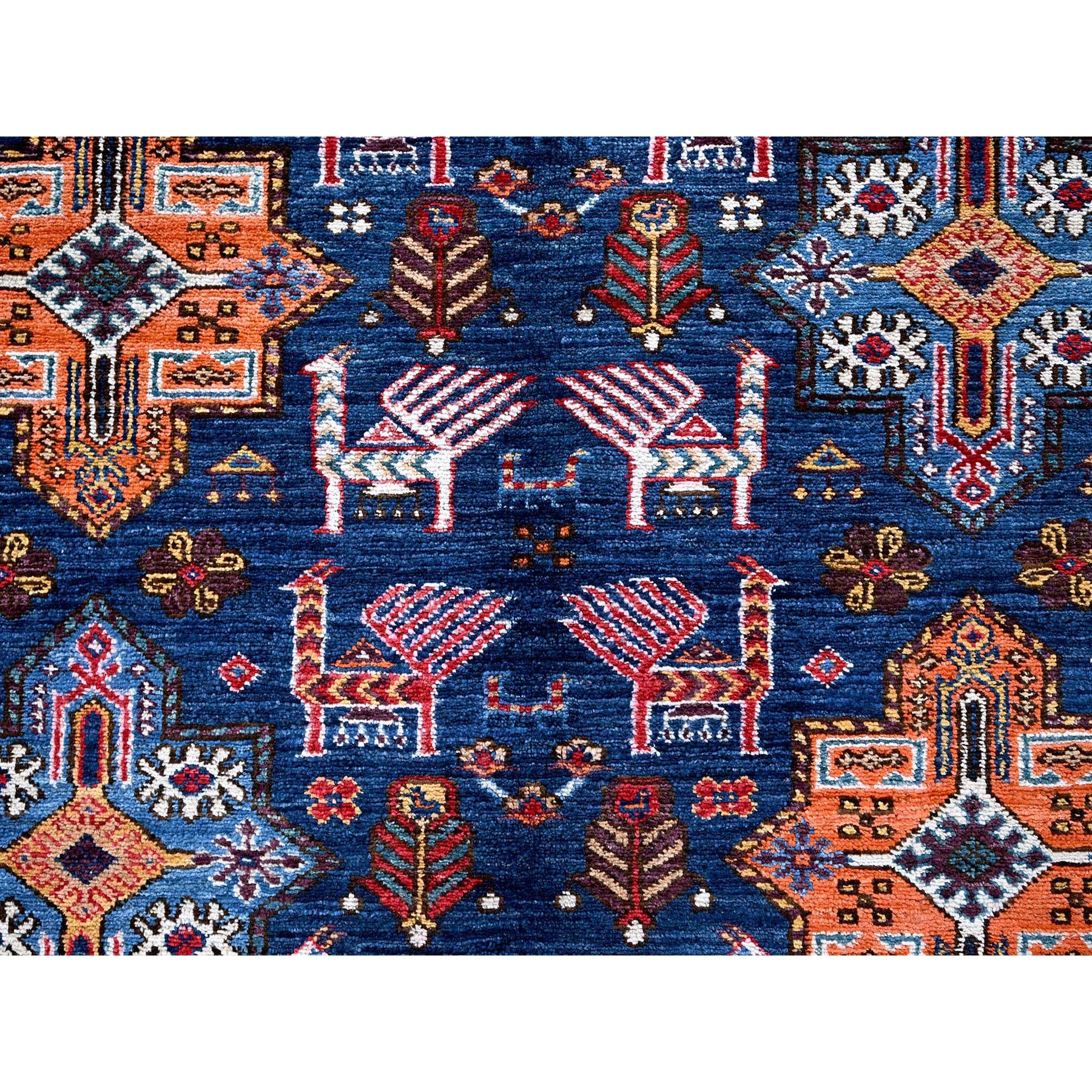 8'4"x9'6" Navy Blue, Afghan Ersari with Turkish Knot, Caucasian Design Revival, Ancient Bird Figurines, Hand Knotted, 100% Wool, Vegetable Dyes, Oriental Rug Sh555