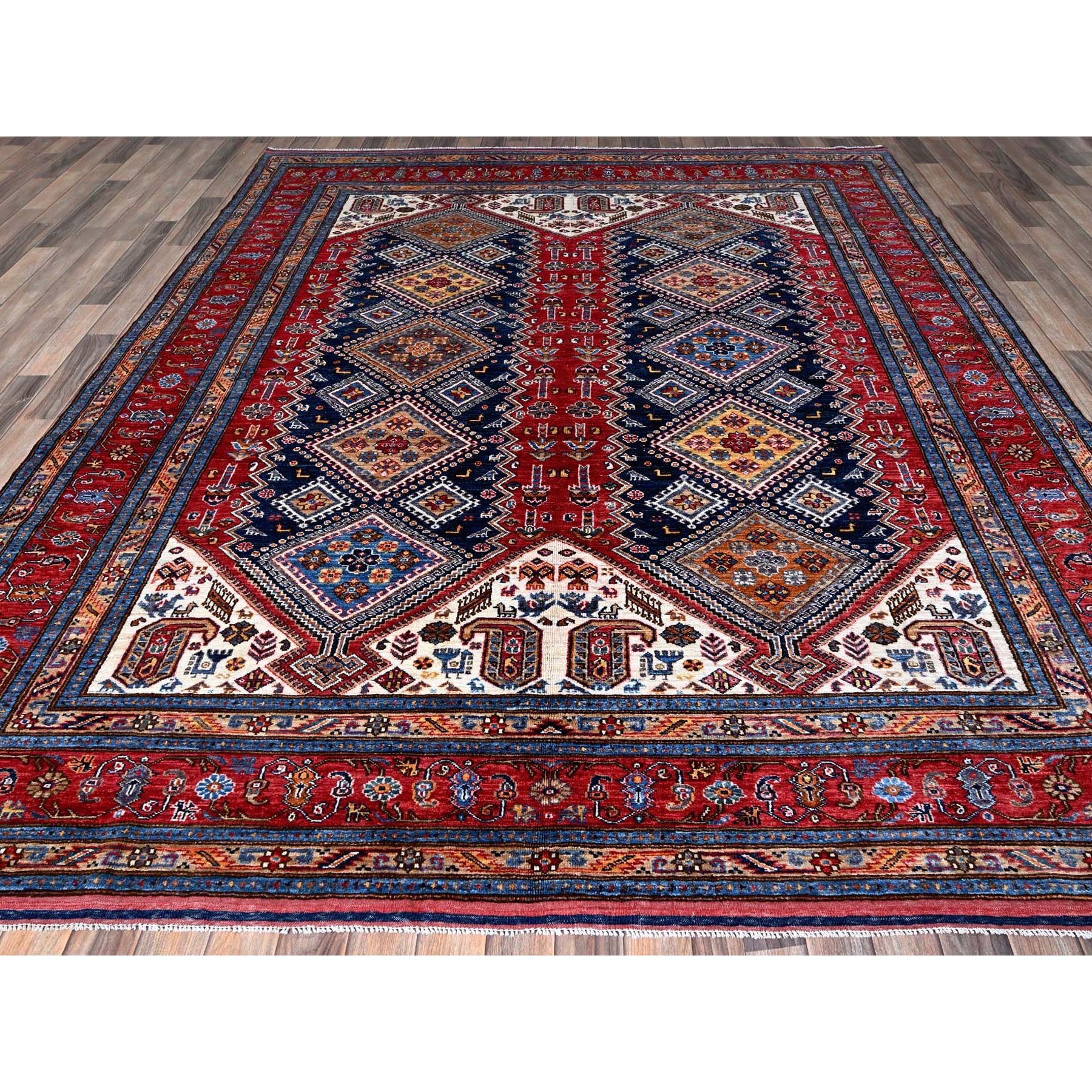 8'3"x10' Ajax Red, Afghan Ersari with Turkish Knot, Caucasian Design Revival, Vegetable Dyes, Hand Knotted, 100% Wool, Densely Woven, Oriental Rug Sh556