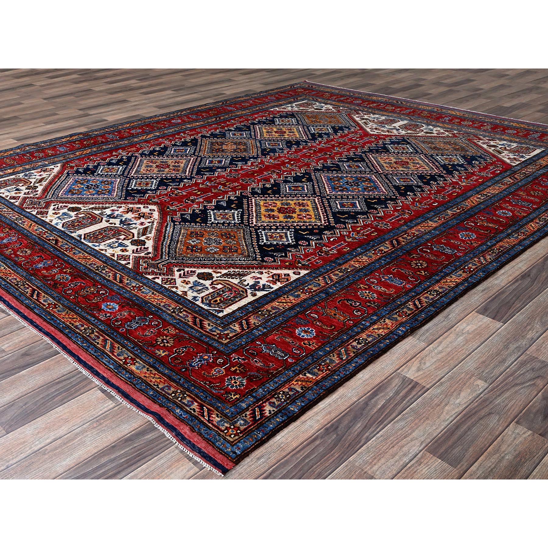 8'3"x10' Ajax Red, Afghan Ersari with Turkish Knot, Caucasian Design Revival, Vegetable Dyes, Hand Knotted, 100% Wool, Densely Woven, Oriental Rug Sh556