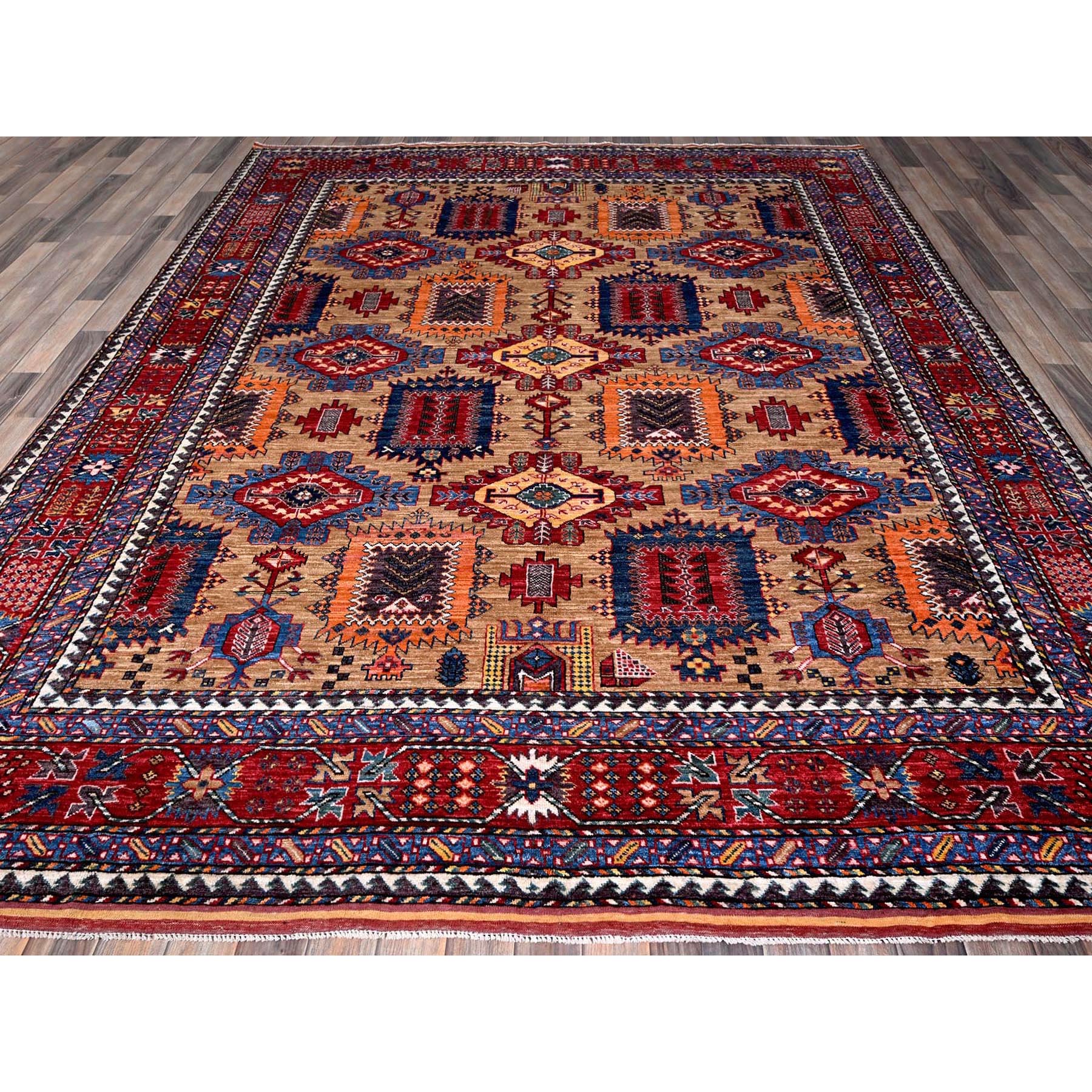 8'3"x9'9" Beige, Afghan Ersari with Turkish Knot, Caucasian Design Revival, Vegetable Dyes, Hand Knotted, Soft and Velvety Wool, Densely Woven, Oriental Rug Sh557