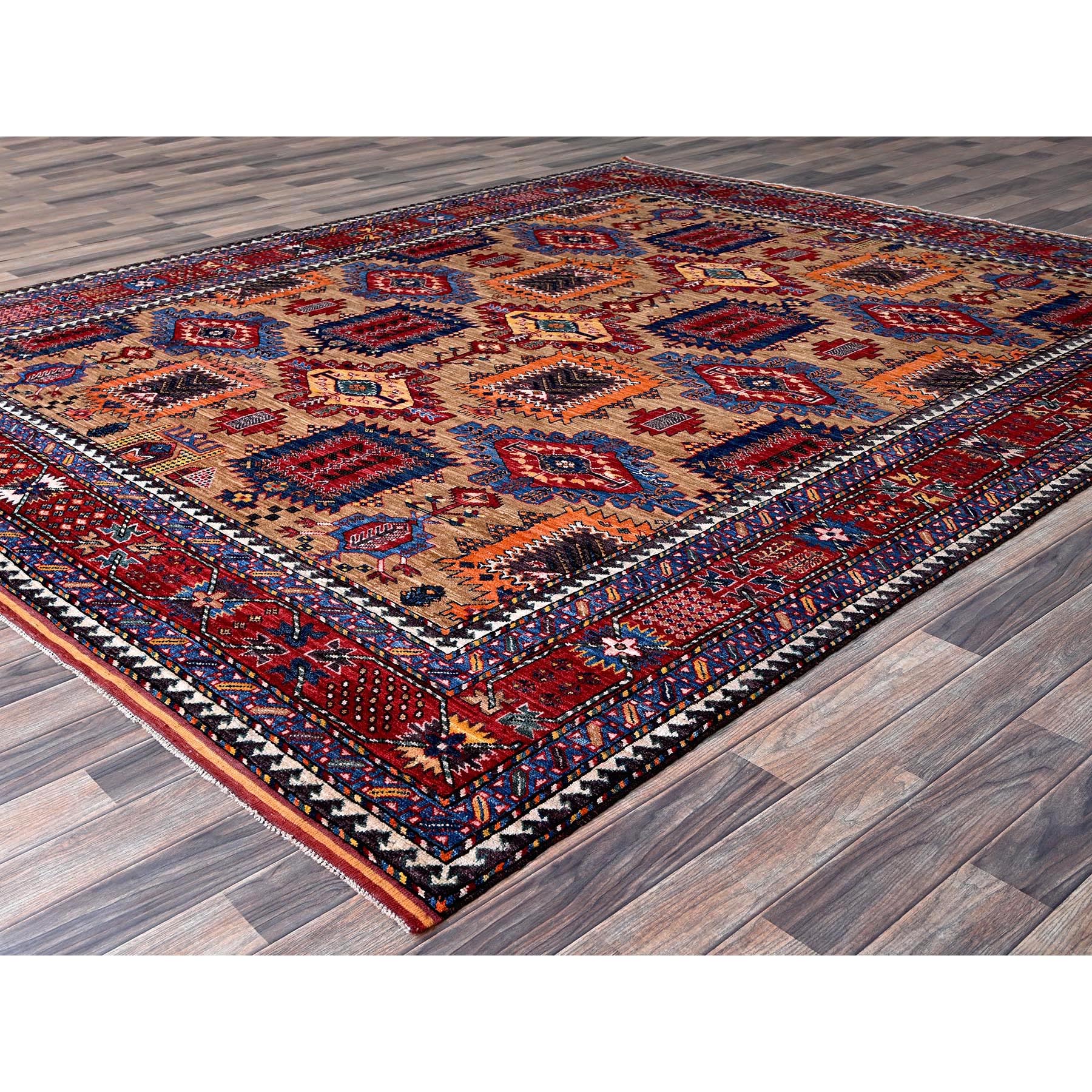 8'3"x9'9" Beige, Afghan Ersari with Turkish Knot, Caucasian Design Revival, Vegetable Dyes, Hand Knotted, Soft and Velvety Wool, Densely Woven, Oriental Rug Sh557