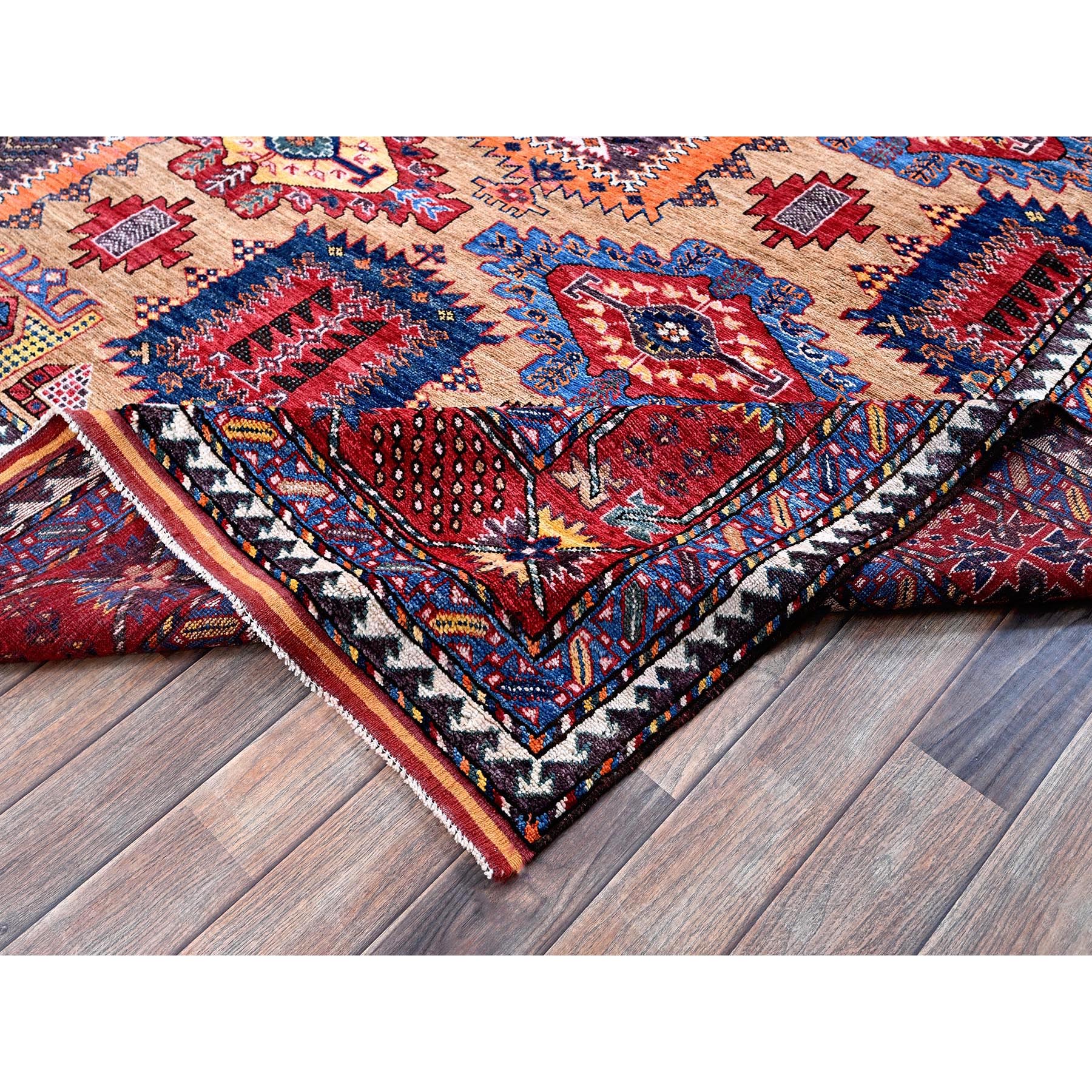 8'3"x9'9" Beige, Afghan Ersari with Turkish Knot, Caucasian Design Revival, Vegetable Dyes, Hand Knotted, Soft and Velvety Wool, Densely Woven, Oriental Rug Sh557