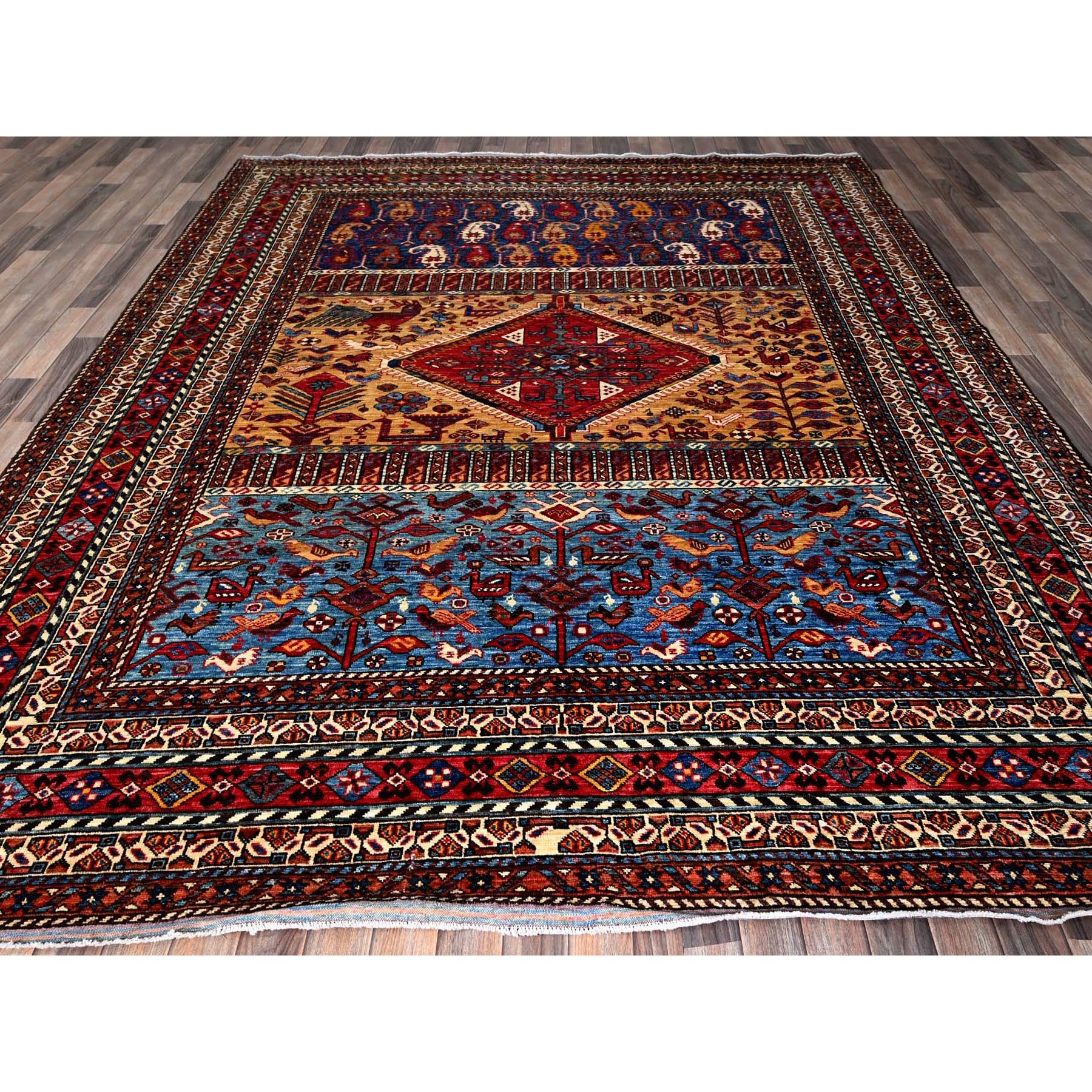 8'7"x10' Parmesan Yellow, Afghan Ersari with Turkish Knot, Caucasian Design Revival, Ancient Bird Figurines, Vegetable Dyes, Hand Knotted, 100% Wool, Oriental Rug Sh558