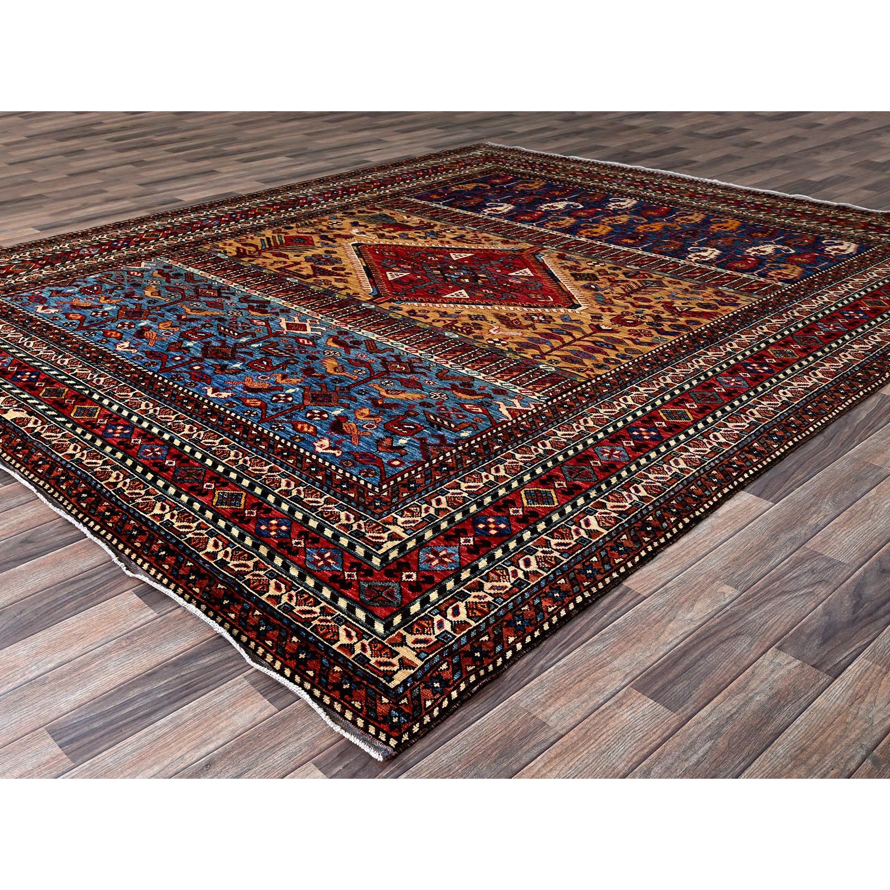 8'7"x10' Parmesan Yellow, Afghan Ersari with Turkish Knot, Caucasian Design Revival, Ancient Bird Figurines, Vegetable Dyes, Hand Knotted, 100% Wool, Oriental Rug Sh558
