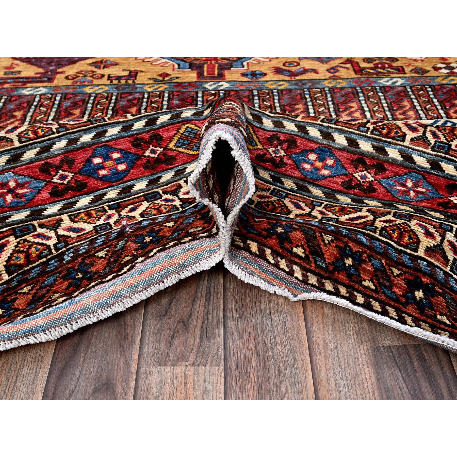 8'7"x10' Parmesan Yellow, Afghan Ersari with Turkish Knot, Caucasian Design Revival, Ancient Bird Figurines, Vegetable Dyes, Hand Knotted, 100% Wool, Oriental Rug Sh558