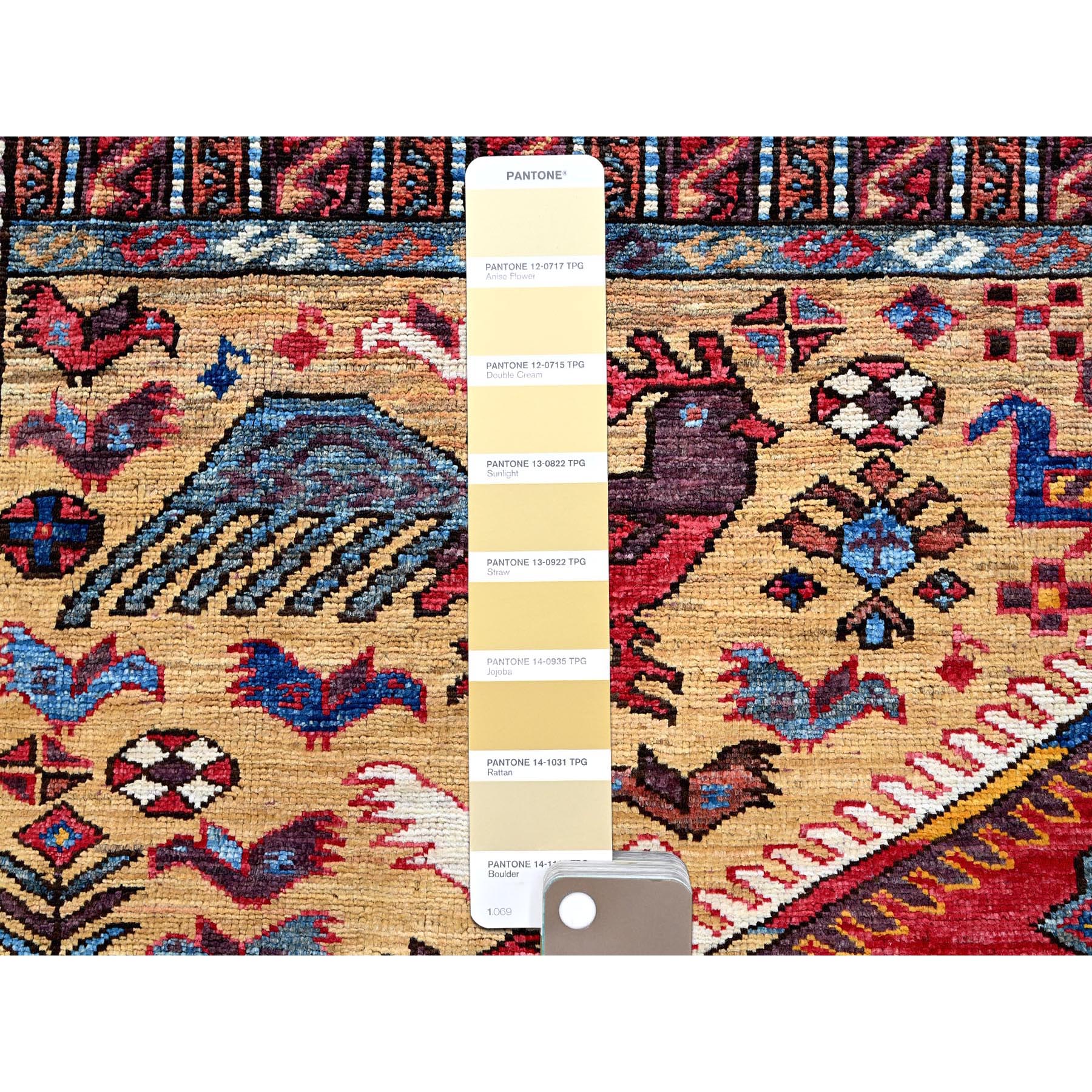 8'7"x10' Parmesan Yellow, Afghan Ersari with Turkish Knot, Caucasian Design Revival, Ancient Bird Figurines, Vegetable Dyes, Hand Knotted, 100% Wool, Oriental Rug Sh558