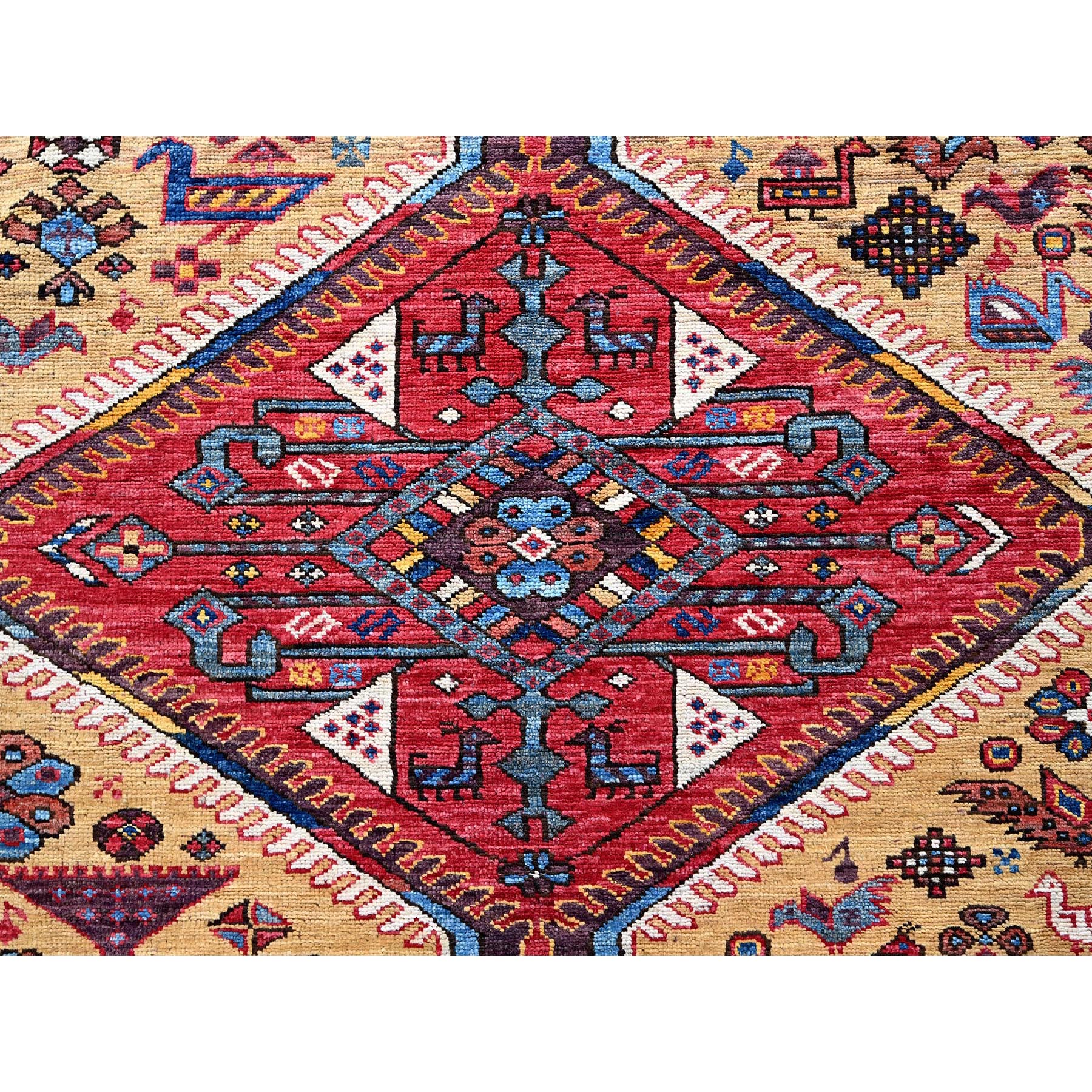 8'7"x10' Parmesan Yellow, Afghan Ersari with Turkish Knot, Caucasian Design Revival, Ancient Bird Figurines, Vegetable Dyes, Hand Knotted, 100% Wool, Oriental Rug Sh558