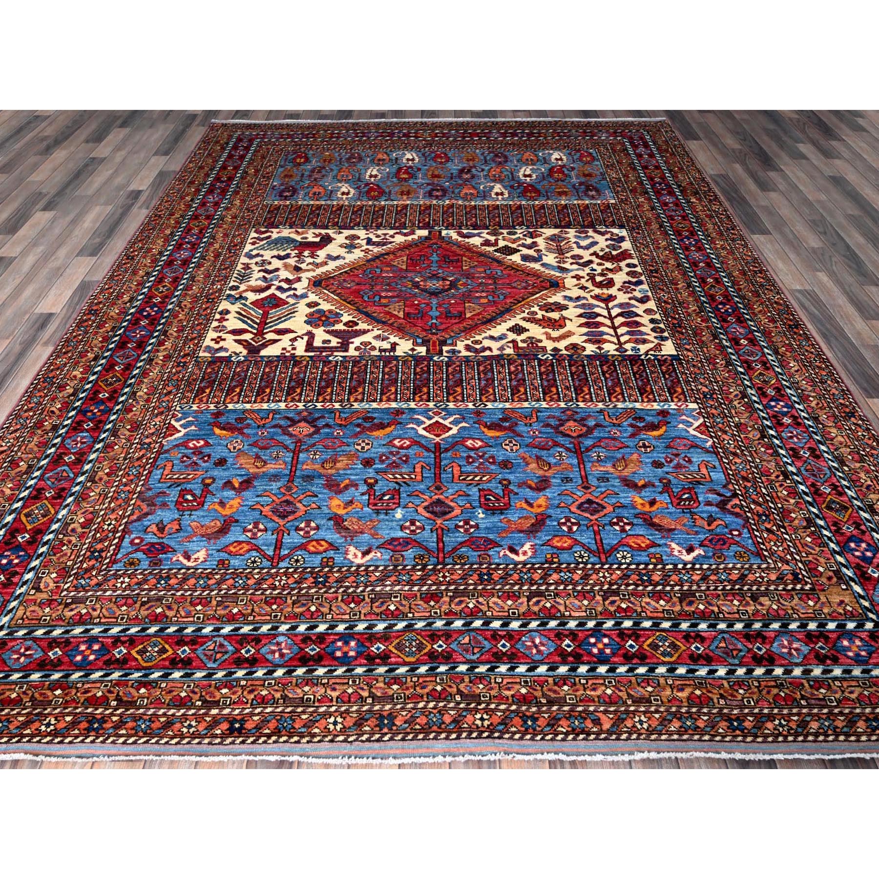 8'6"x10'8" Alabaster White, Hand Knotted, Afghan Ersari with Turkish Knot, Caucasian Design Revival, Ancient Bird Figurines, Vegetable Dyes, 100% Wool, Oriental Rug Sh559