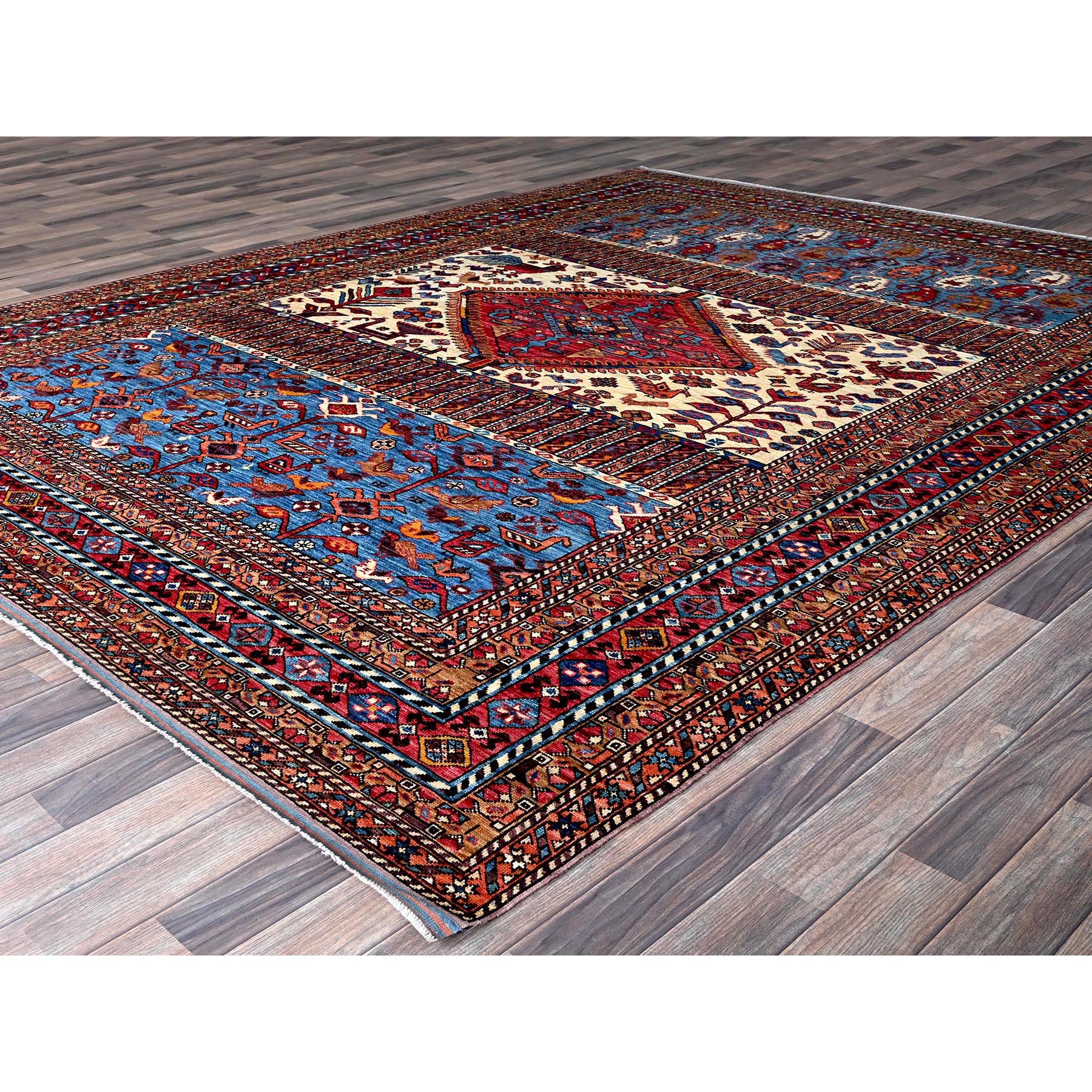 8'6"x10'8" Alabaster White, Hand Knotted, Afghan Ersari with Turkish Knot, Caucasian Design Revival, Ancient Bird Figurines, Vegetable Dyes, 100% Wool, Oriental Rug Sh559