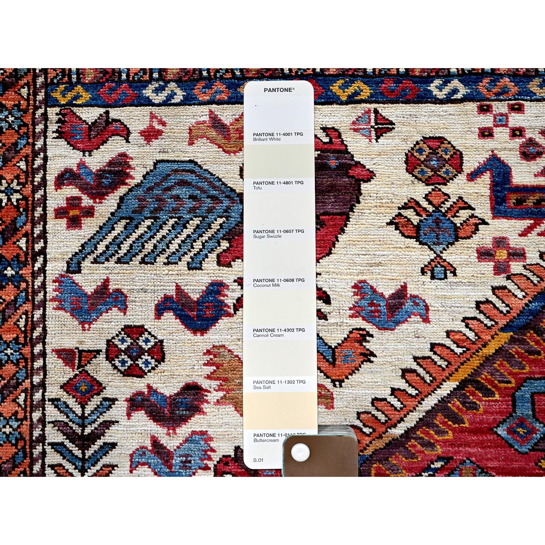 8'6"x10'8" Alabaster White, Hand Knotted, Afghan Ersari with Turkish Knot, Caucasian Design Revival, Ancient Bird Figurines, Vegetable Dyes, 100% Wool, Oriental Rug Sh559