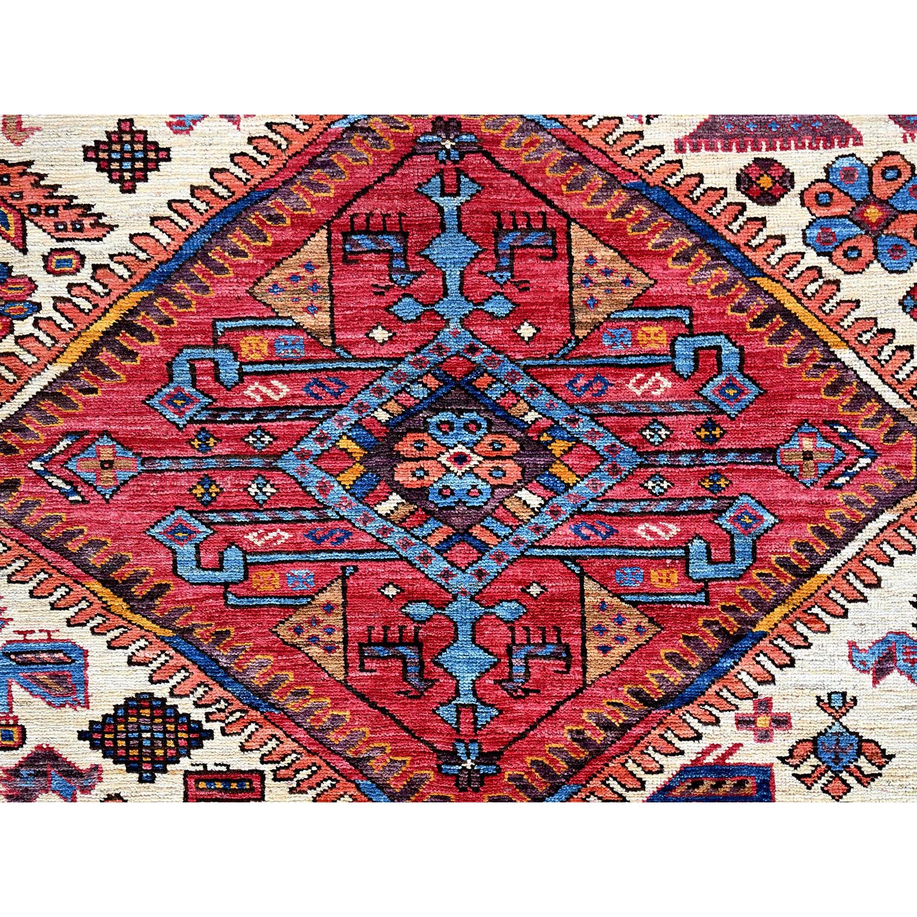 8'6"x10'8" Alabaster White, Hand Knotted, Afghan Ersari with Turkish Knot, Caucasian Design Revival, Ancient Bird Figurines, Vegetable Dyes, 100% Wool, Oriental Rug Sh559