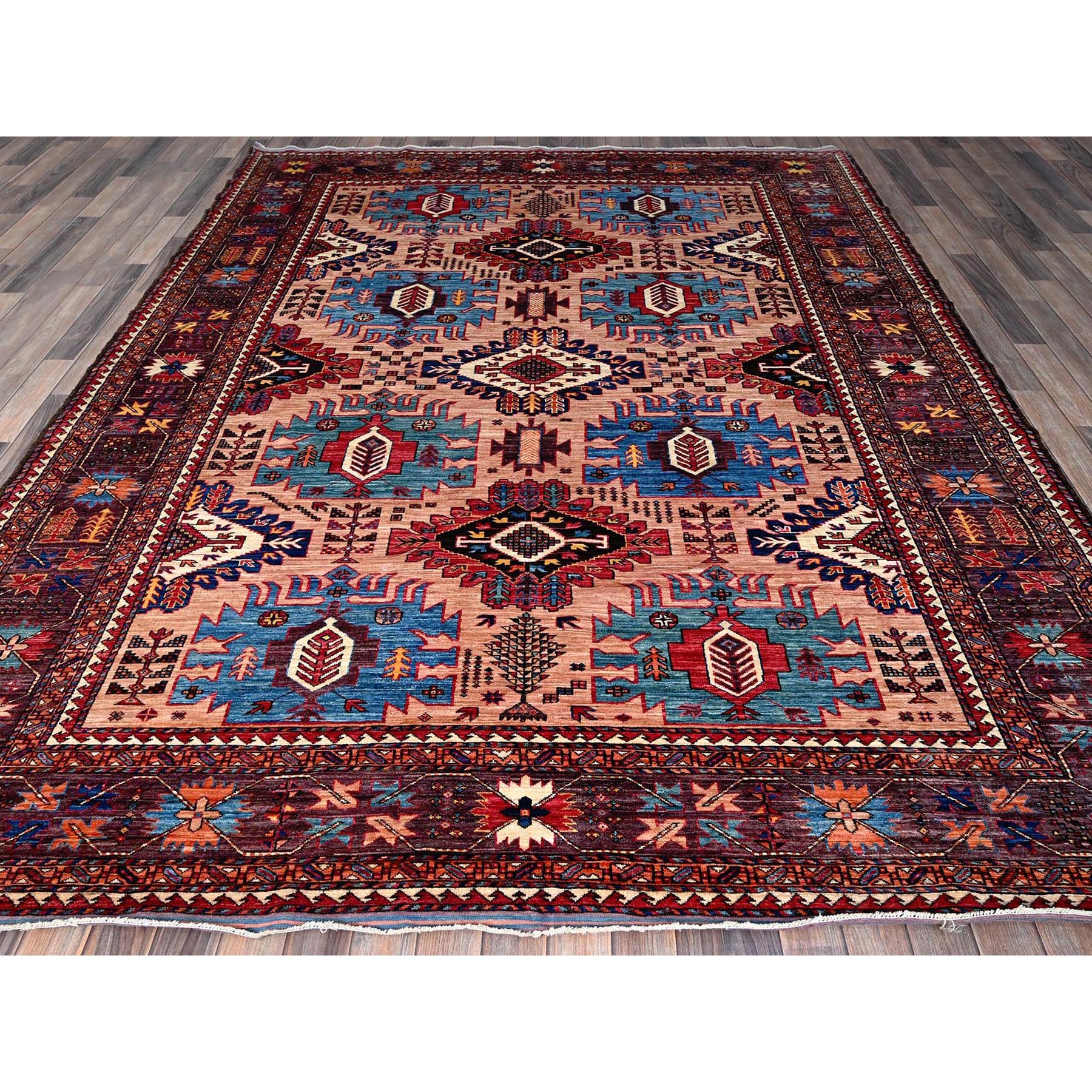 8'3"x10'6" Peach Color, Afghan Ersari with Turkish Knot, Caucasian Design Revival, Vegetable Dyes, Hand Knotted, Soft Wool, Densely Woven, Oriental Rug Sh560