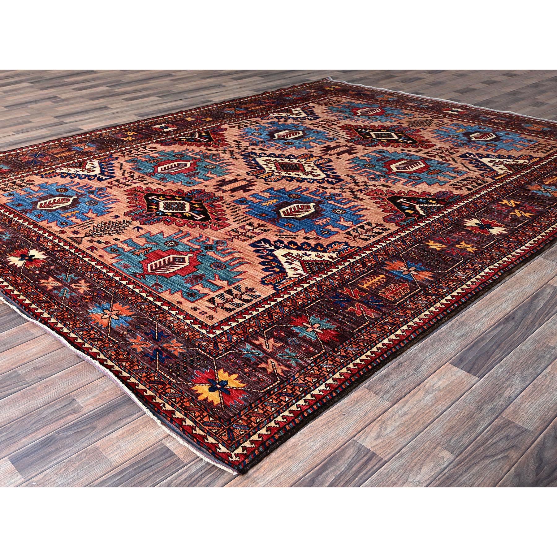 8'3"x10'6" Peach Color, Afghan Ersari with Turkish Knot, Caucasian Design Revival, Vegetable Dyes, Hand Knotted, Soft Wool, Densely Woven, Oriental Rug Sh560