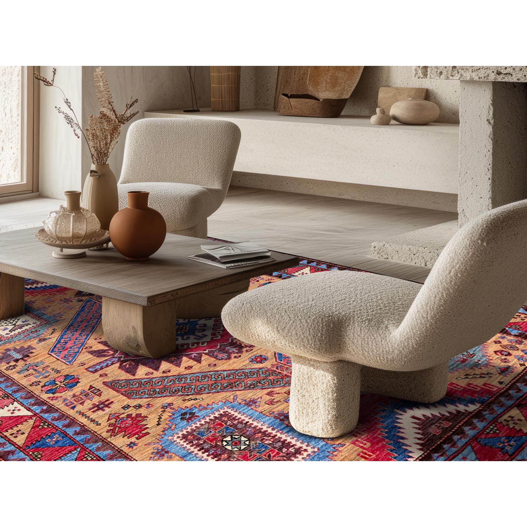 6'1"x8'4" Ochre Brown, Afghan Ersari with Turkish Knot, Caucasian Design Revival, Densely Woven, Vegetable Dyes, Hand Knotted, 100% Wool, Oriental Rug Sh562