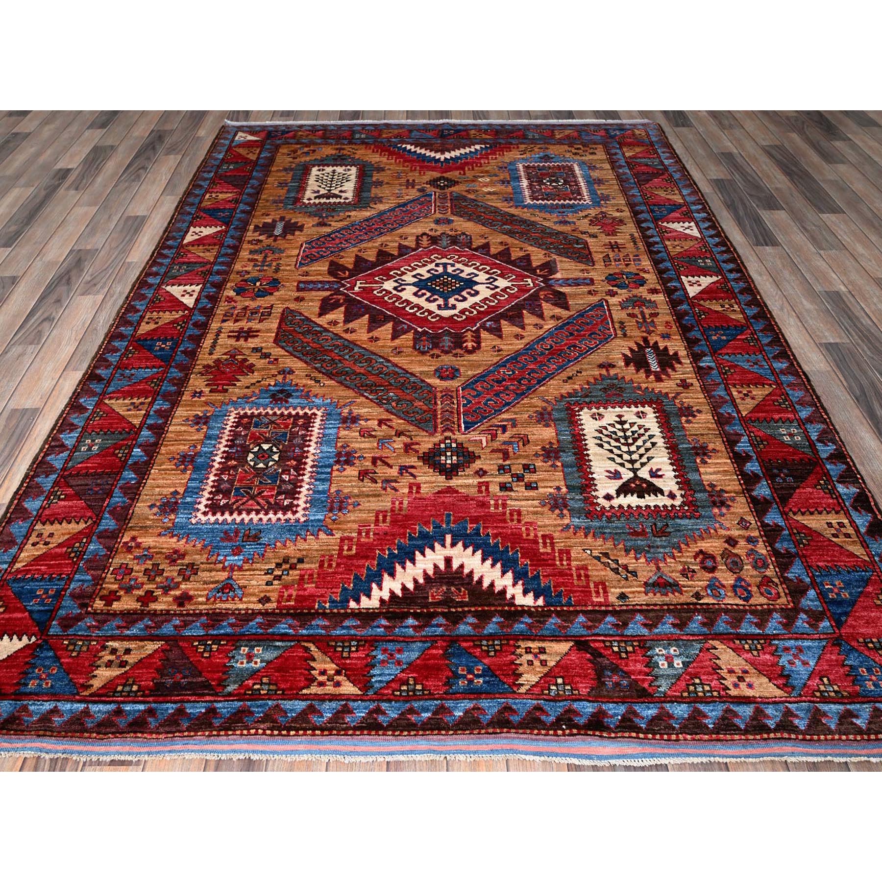 6'1"x8'4" Ochre Brown, Afghan Ersari with Turkish Knot, Caucasian Design Revival, Densely Woven, Vegetable Dyes, Hand Knotted, 100% Wool, Oriental Rug Sh562