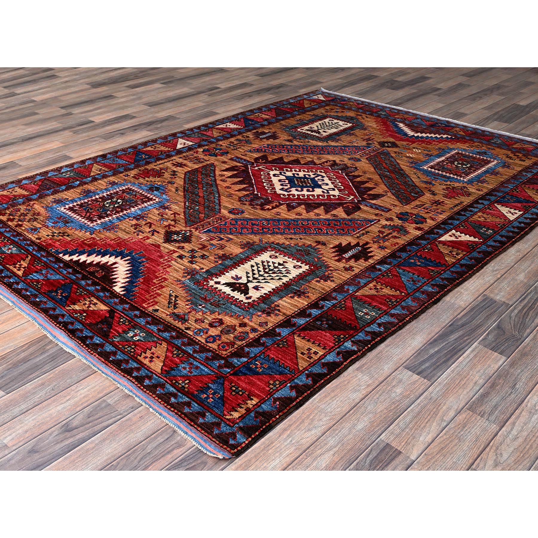 6'1"x8'4" Ochre Brown, Afghan Ersari with Turkish Knot, Caucasian Design Revival, Densely Woven, Vegetable Dyes, Hand Knotted, 100% Wool, Oriental Rug Sh562