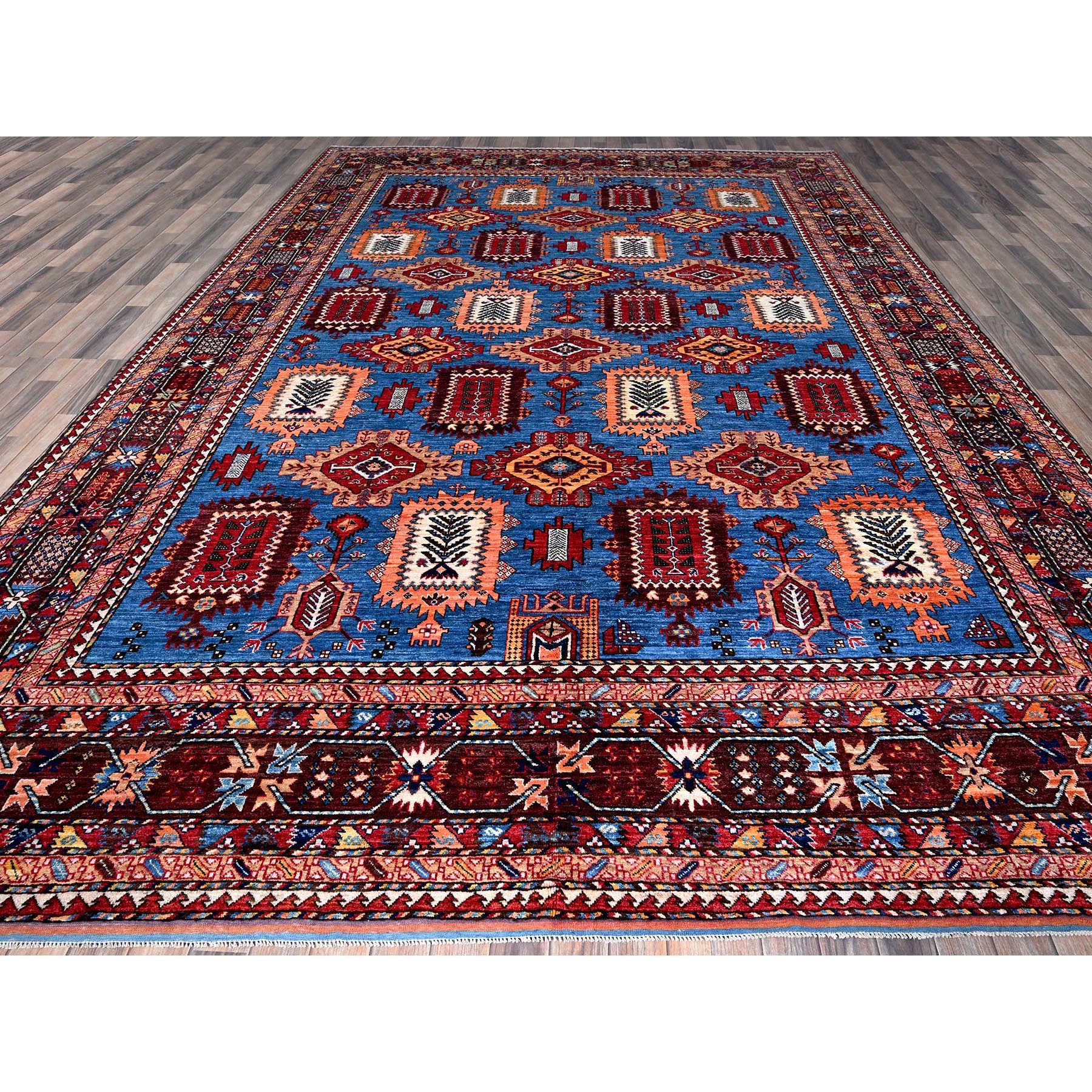 10'1"x13'4" Bayern Blue, Afghan Ersari with Turkish Knot, Caucasian Design Revival, Vegetable Dyes, Hand Knotted, Soft Wool, Densely Woven, Oriental Rug Sh563
