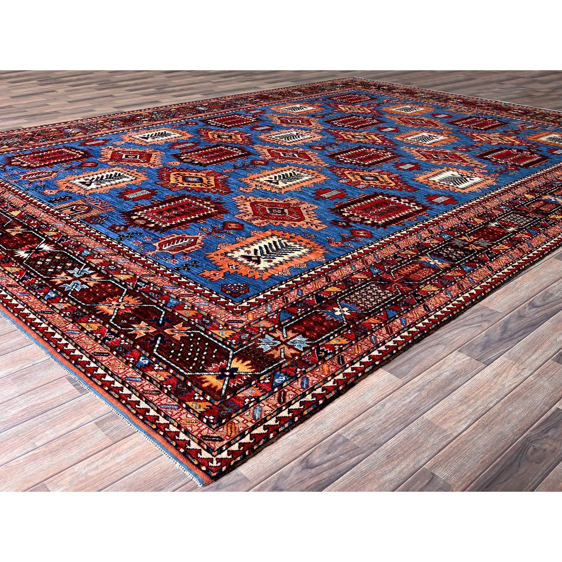 10'1"x13'4" Bayern Blue, Afghan Ersari with Turkish Knot, Caucasian Design Revival, Vegetable Dyes, Hand Knotted, Soft Wool, Densely Woven, Oriental Rug Sh563