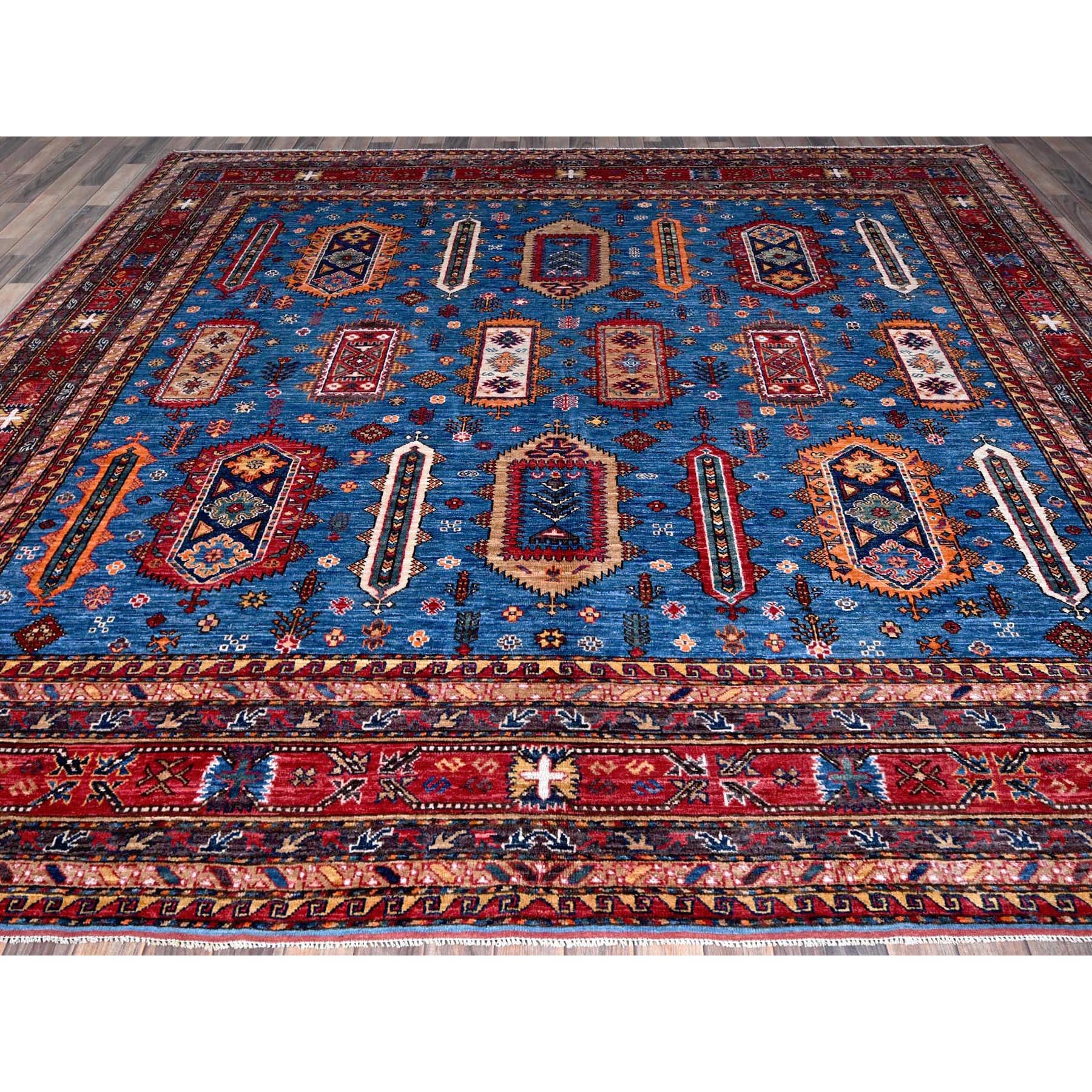 10'x10' Imperial Blue, Afghan Ersari with Turkish Knot, Caucasian Design Revival, Hand Knotted, 100% Wool, Vegetable Dyes, Square, Oriental Rug Sh564