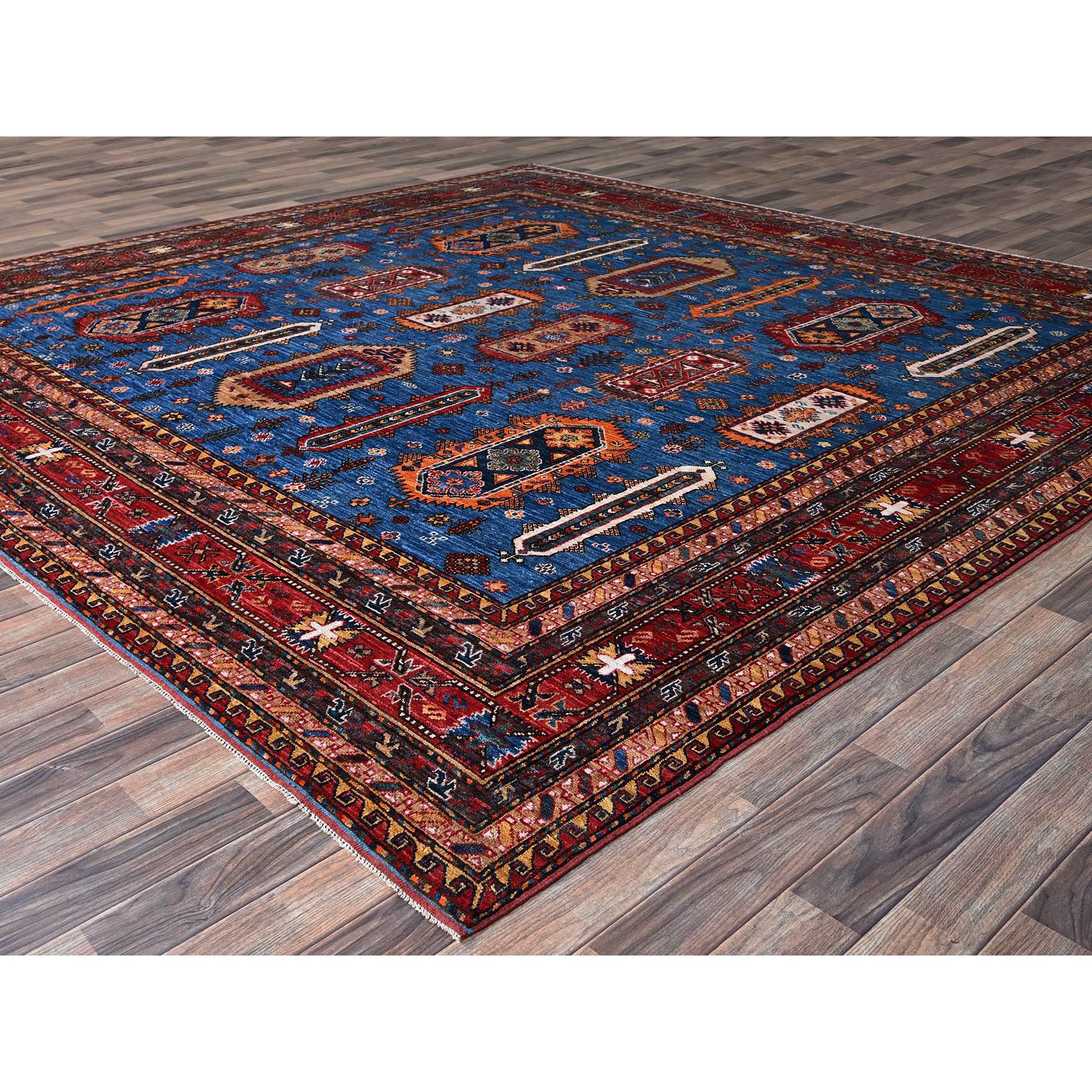 10'x10' Imperial Blue, Afghan Ersari with Turkish Knot, Caucasian Design Revival, Hand Knotted, 100% Wool, Vegetable Dyes, Square, Oriental Rug Sh564