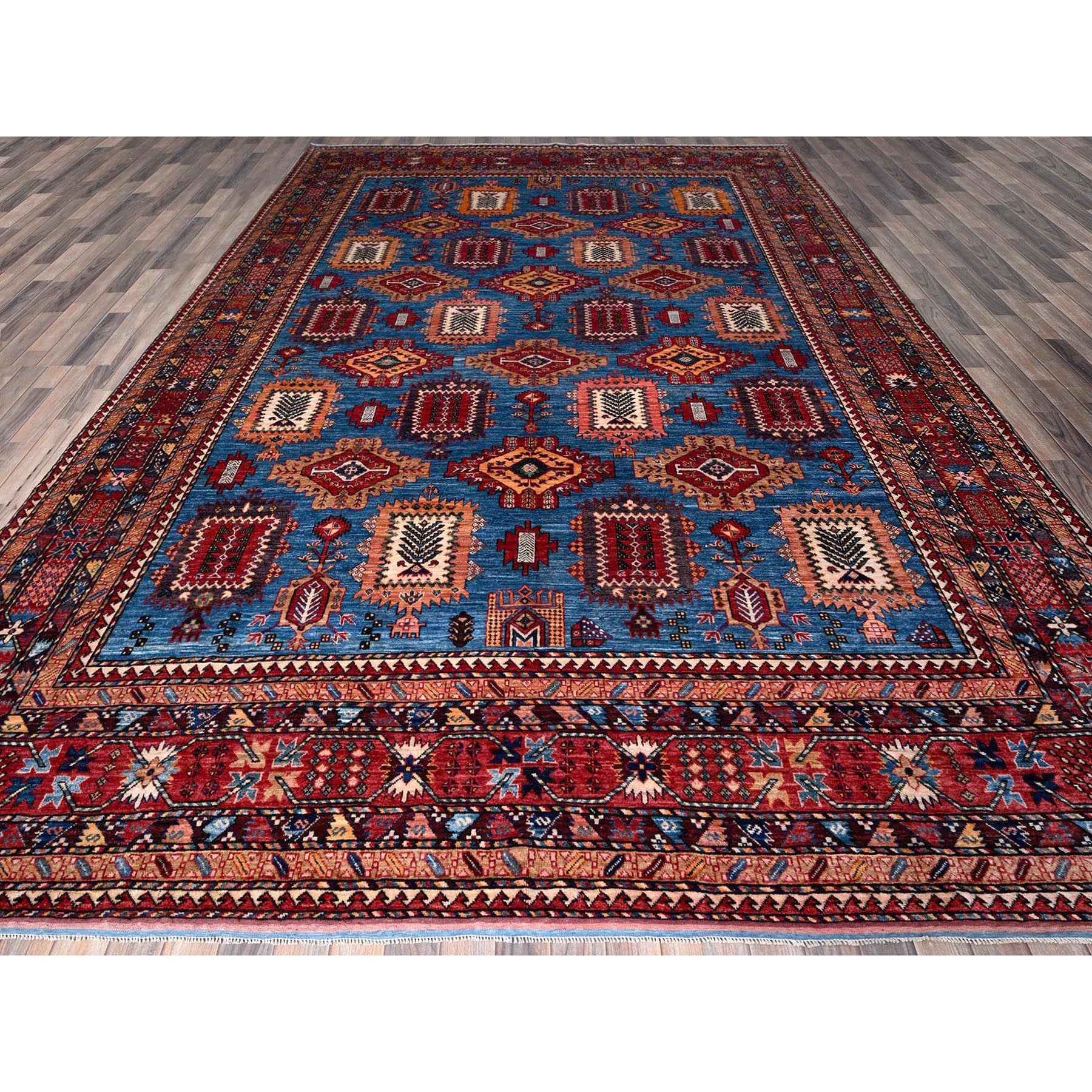 10'x13'6" Carolina Blue, Afghan Ersari with Turkish Knot, Caucasian Design Revival, Densely Woven, Vegetable Dyes, Hand Knotted, 100% Wool, Oriental Rug Sh565