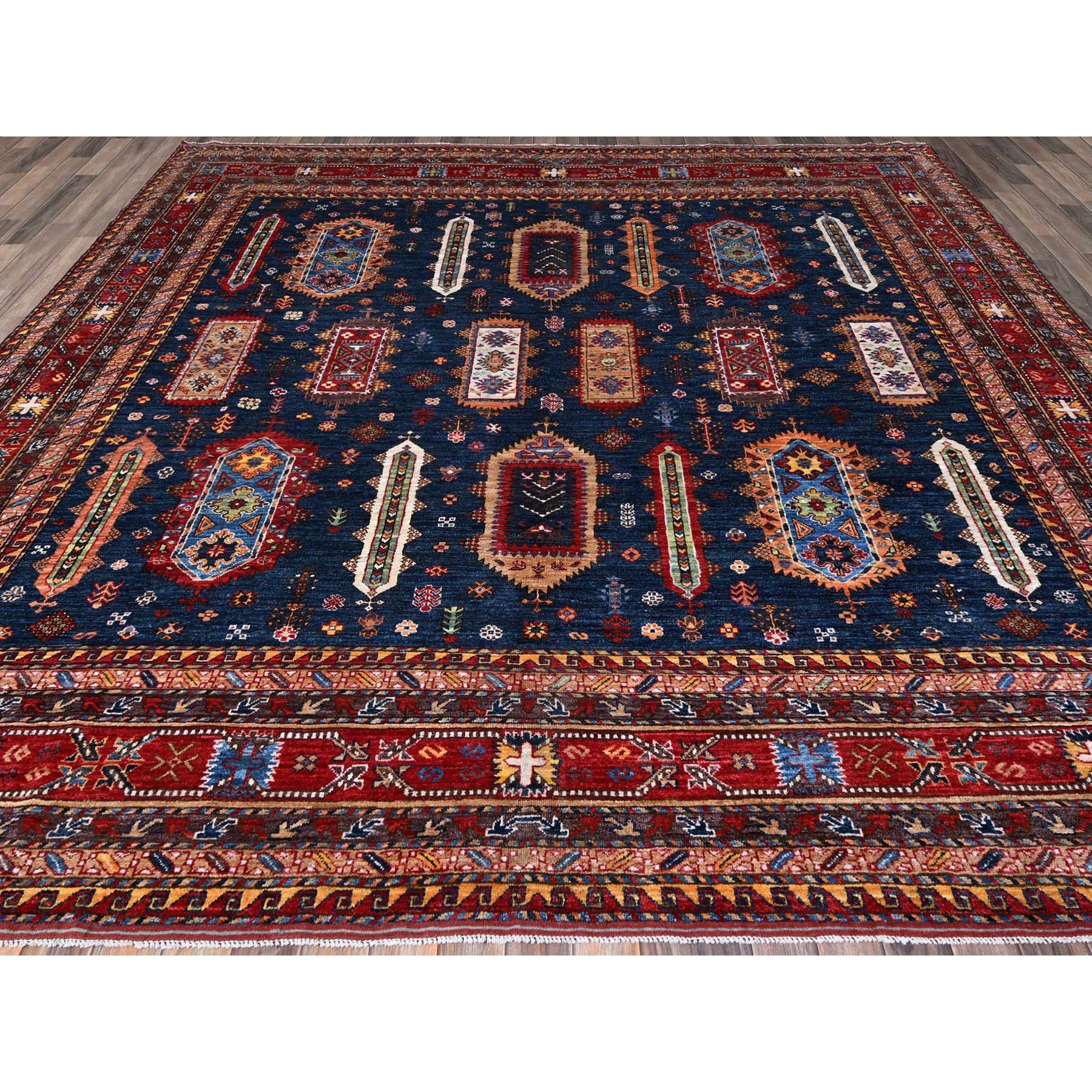 10'2"x10'2" Yale Blue, Afghan Ersari with Turkish Knot, Caucasian Design Revival, Vegetable Dyes, Hand Knotted, Soft and Vibrant Wool, Square, Oriental Rug Sh566