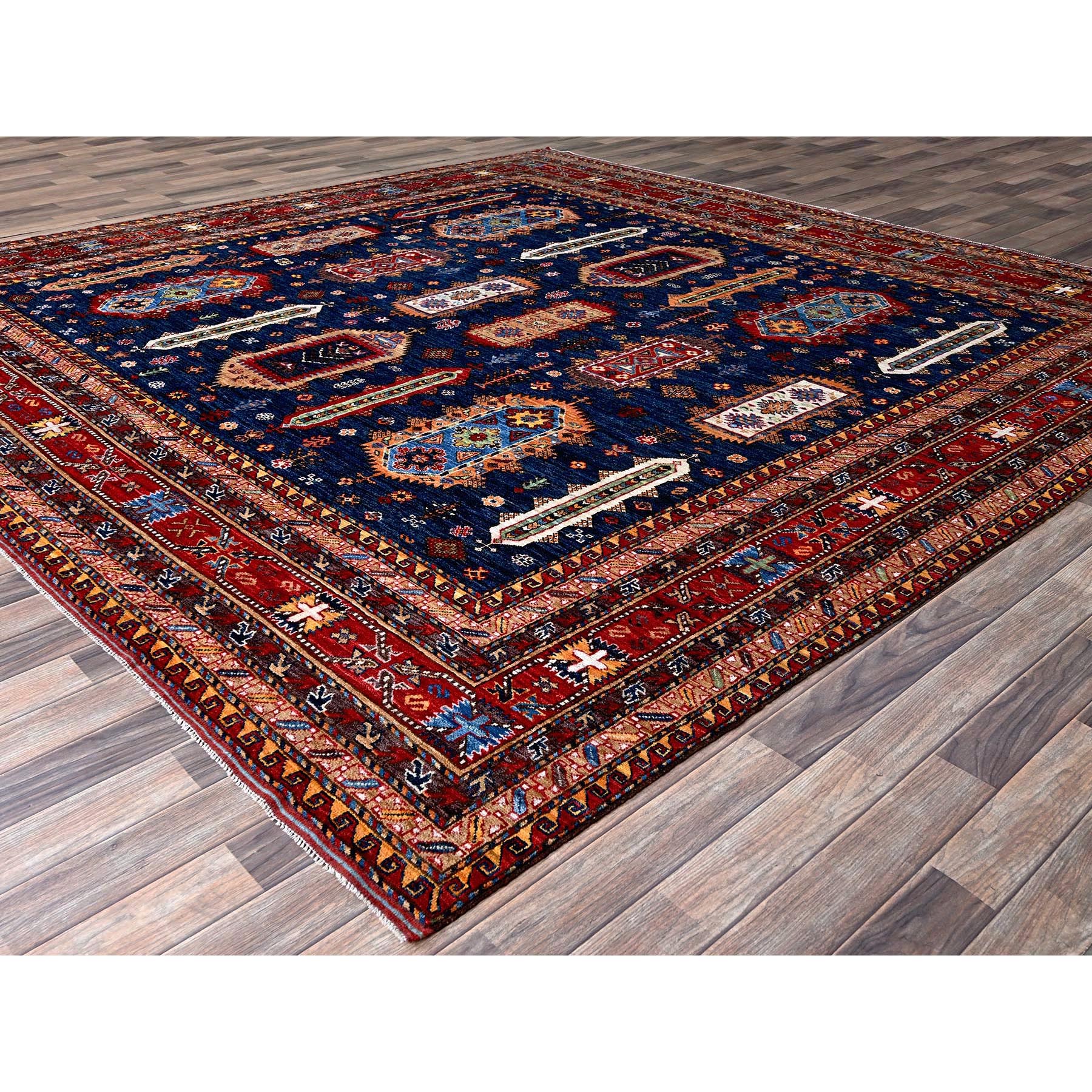 10'2"x10'2" Yale Blue, Afghan Ersari with Turkish Knot, Caucasian Design Revival, Vegetable Dyes, Hand Knotted, Soft and Vibrant Wool, Square, Oriental Rug Sh566