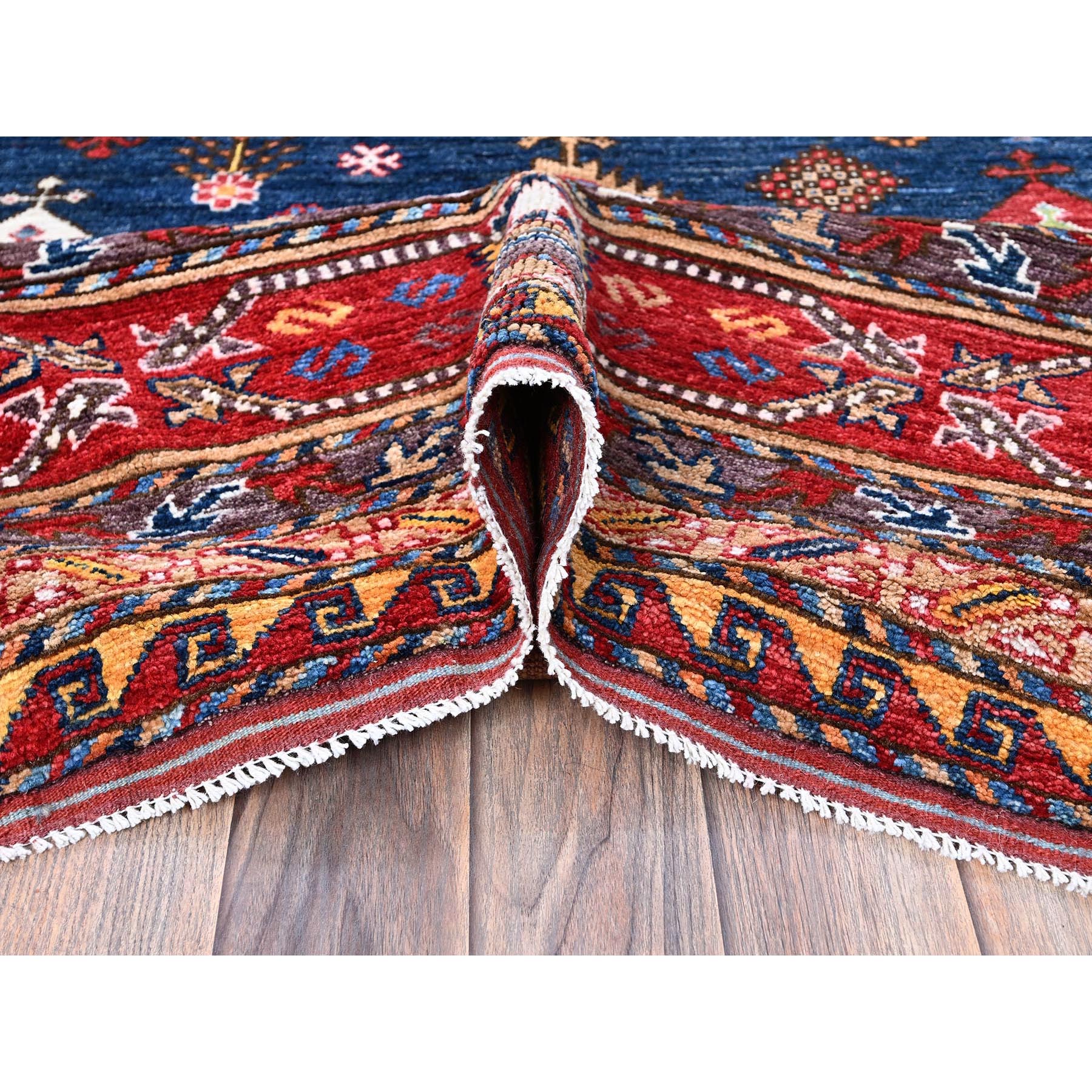 10'2"x10'2" Yale Blue, Afghan Ersari with Turkish Knot, Caucasian Design Revival, Vegetable Dyes, Hand Knotted, Soft and Vibrant Wool, Square, Oriental Rug Sh566