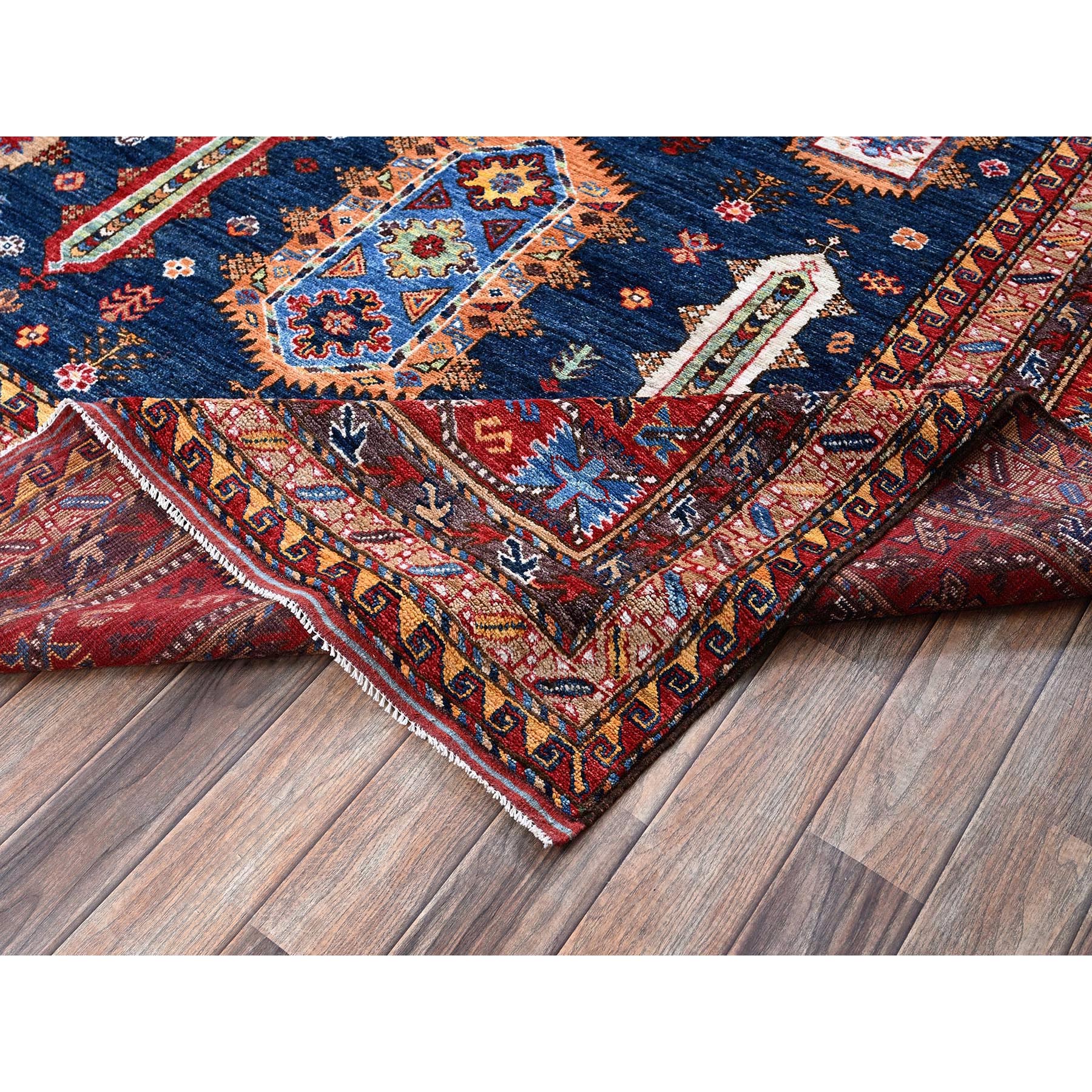 10'2"x10'2" Yale Blue, Afghan Ersari with Turkish Knot, Caucasian Design Revival, Vegetable Dyes, Hand Knotted, Soft and Vibrant Wool, Square, Oriental Rug Sh566