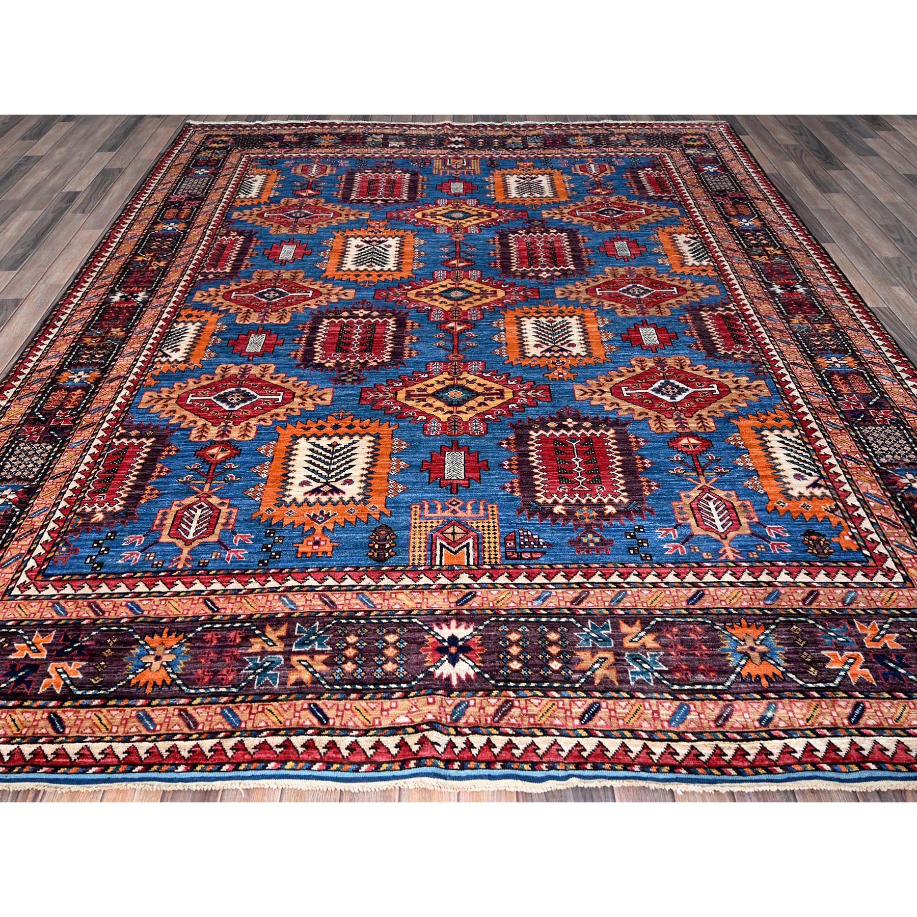8'3"x9'6" Bayern Blue, Afghan Ersari with Turkish Knot, Caucasian Design Revival, Vegetable Dyes, Densely Woven, Hand Knotted, 100% Wool, Oriental Rug Sh567