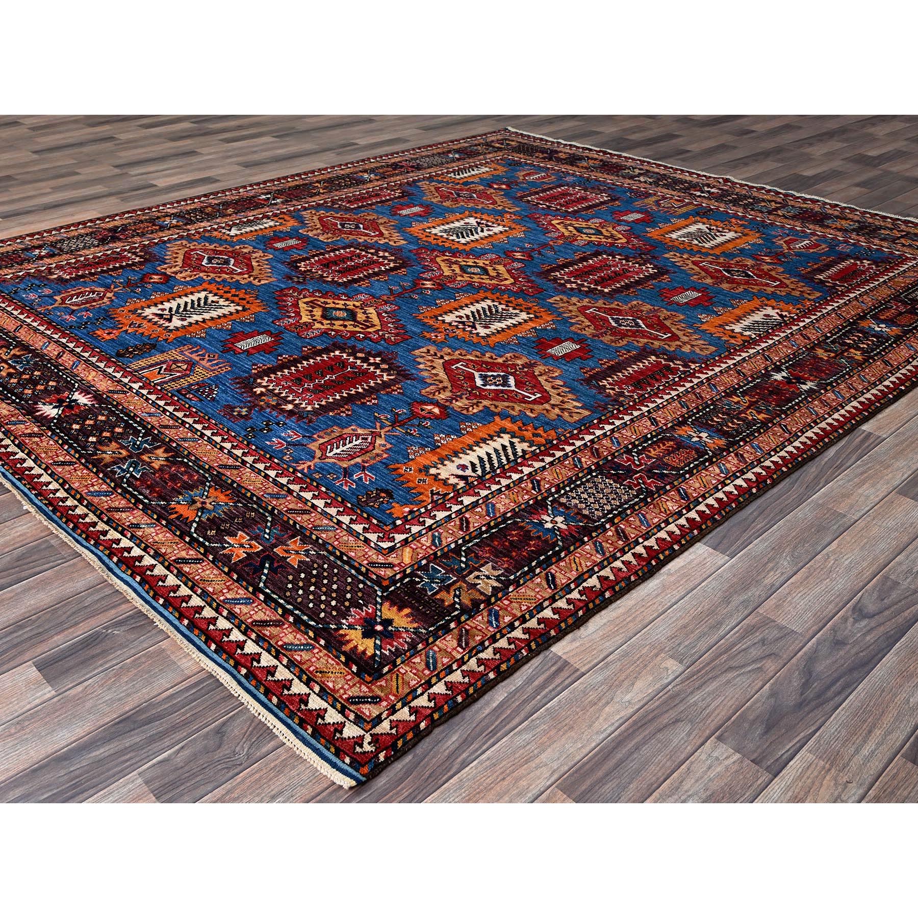 8'3"x9'6" Bayern Blue, Afghan Ersari with Turkish Knot, Caucasian Design Revival, Vegetable Dyes, Densely Woven, Hand Knotted, 100% Wool, Oriental Rug Sh567