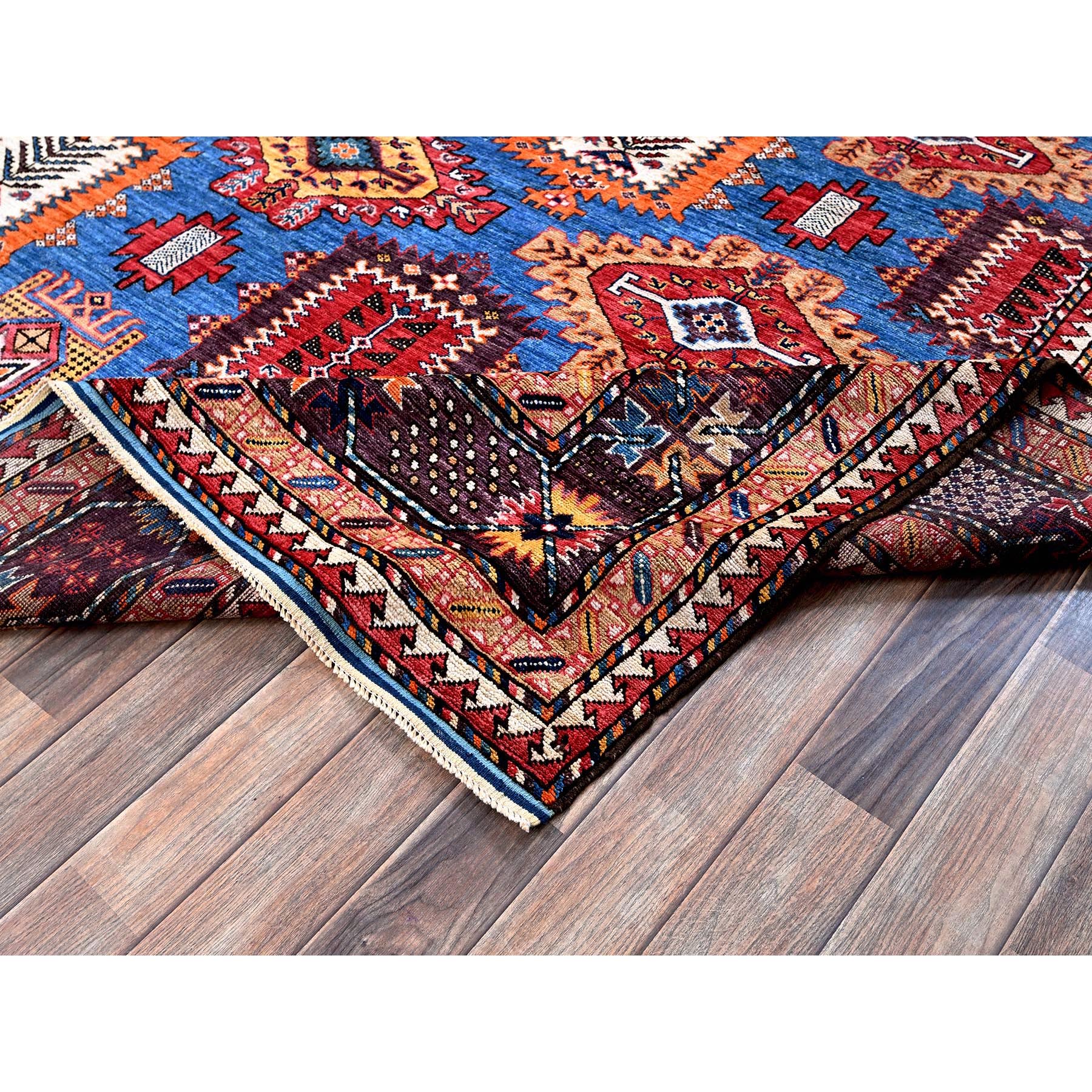 8'3"x9'6" Bayern Blue, Afghan Ersari with Turkish Knot, Caucasian Design Revival, Vegetable Dyes, Densely Woven, Hand Knotted, 100% Wool, Oriental Rug Sh567