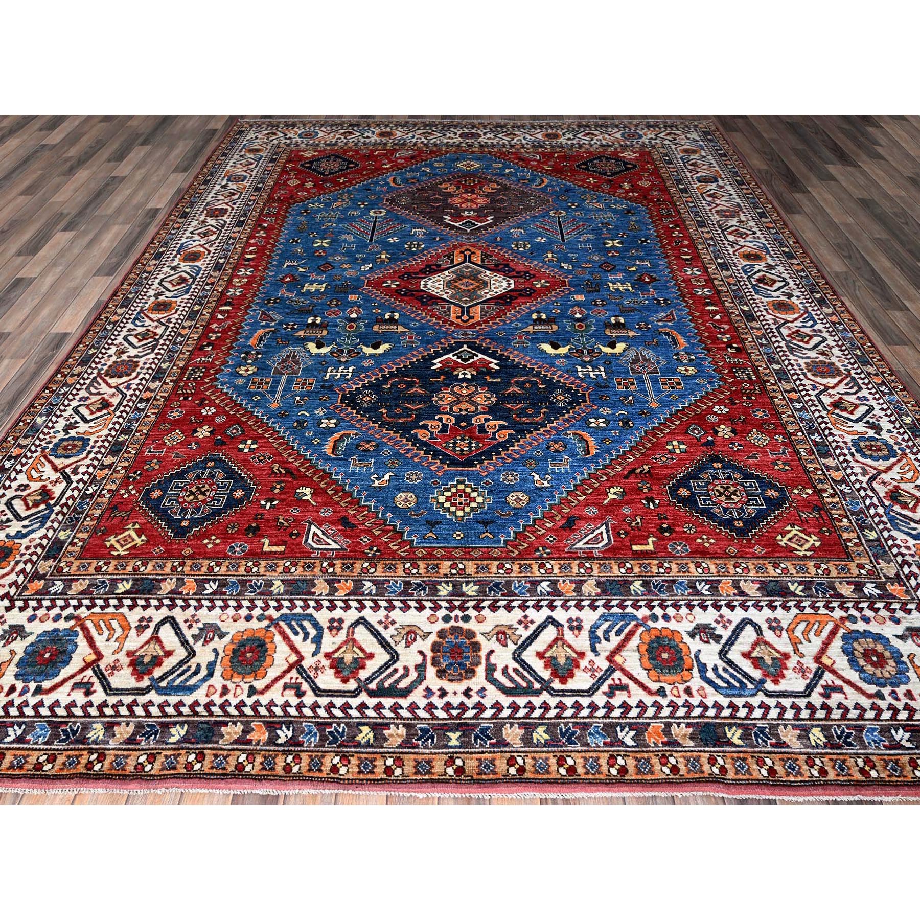 9'3"x11'7" Carolina Blue, Afghan Ersari with Turkish Knot, Caucasian Design Revival, Ancient Bird Figurines, Vegetable Dyes, Hand Knotted, Pure Wool, Oriental Rug Sh568