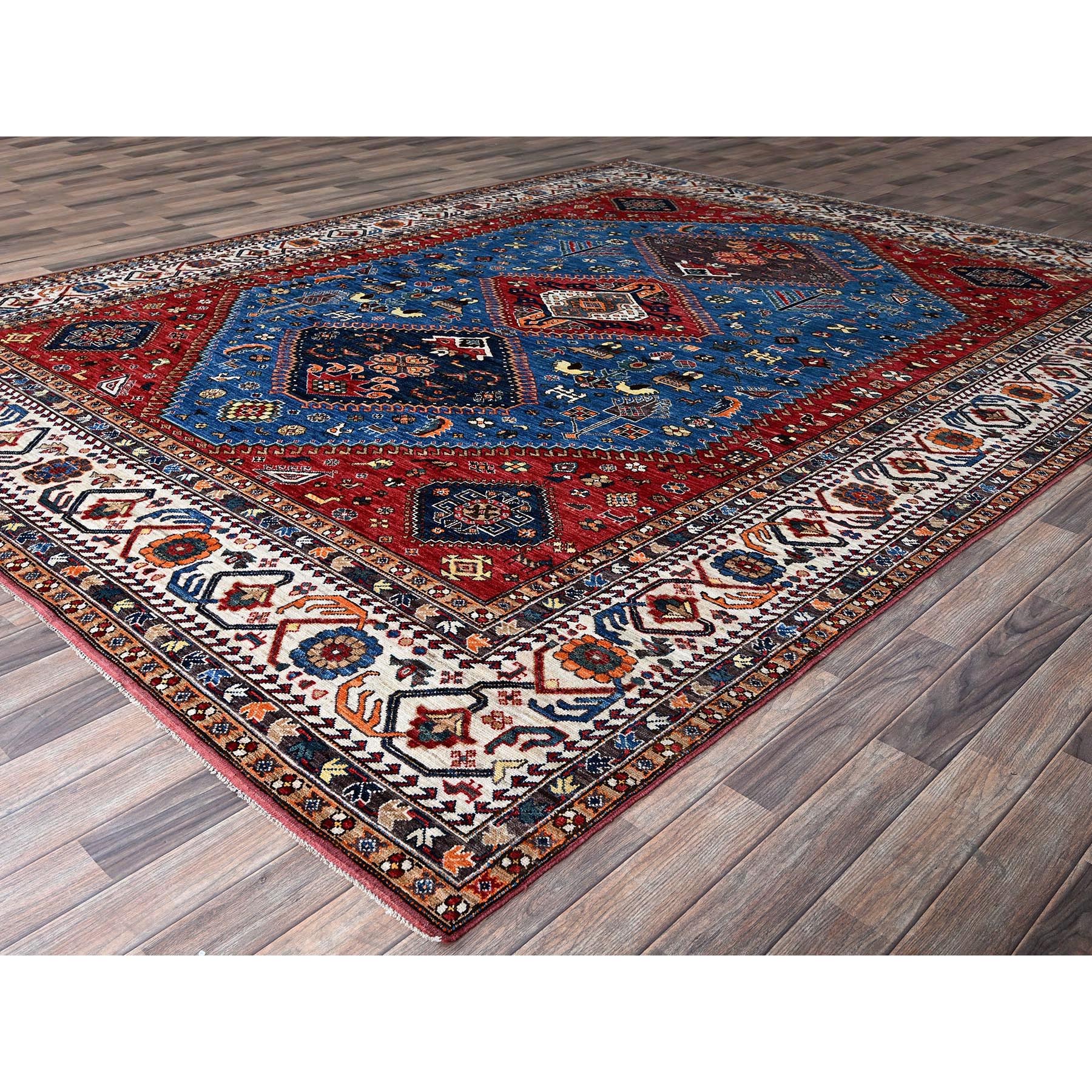 9'3"x11'7" Carolina Blue, Afghan Ersari with Turkish Knot, Caucasian Design Revival, Ancient Bird Figurines, Vegetable Dyes, Hand Knotted, Pure Wool, Oriental Rug Sh568