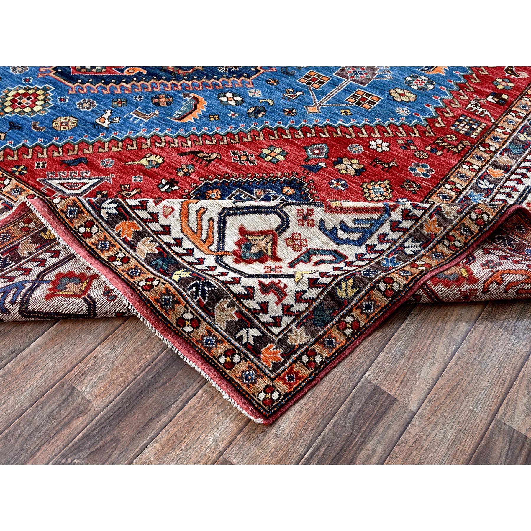 9'3"x11'7" Carolina Blue, Afghan Ersari with Turkish Knot, Caucasian Design Revival, Ancient Bird Figurines, Vegetable Dyes, Hand Knotted, Pure Wool, Oriental Rug Sh568