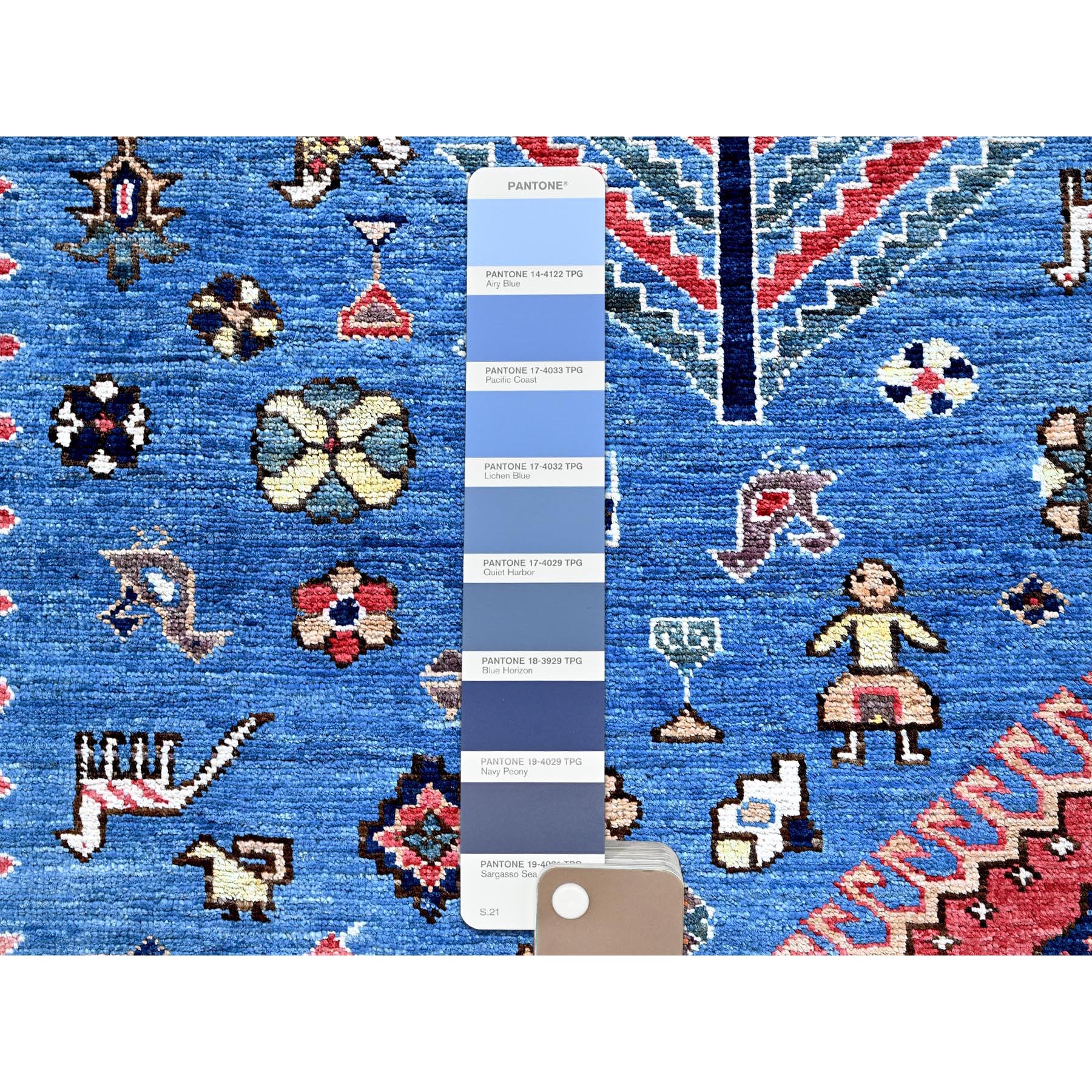 9'3"x11'7" Carolina Blue, Afghan Ersari with Turkish Knot, Caucasian Design Revival, Ancient Bird Figurines, Vegetable Dyes, Hand Knotted, Pure Wool, Oriental Rug Sh568