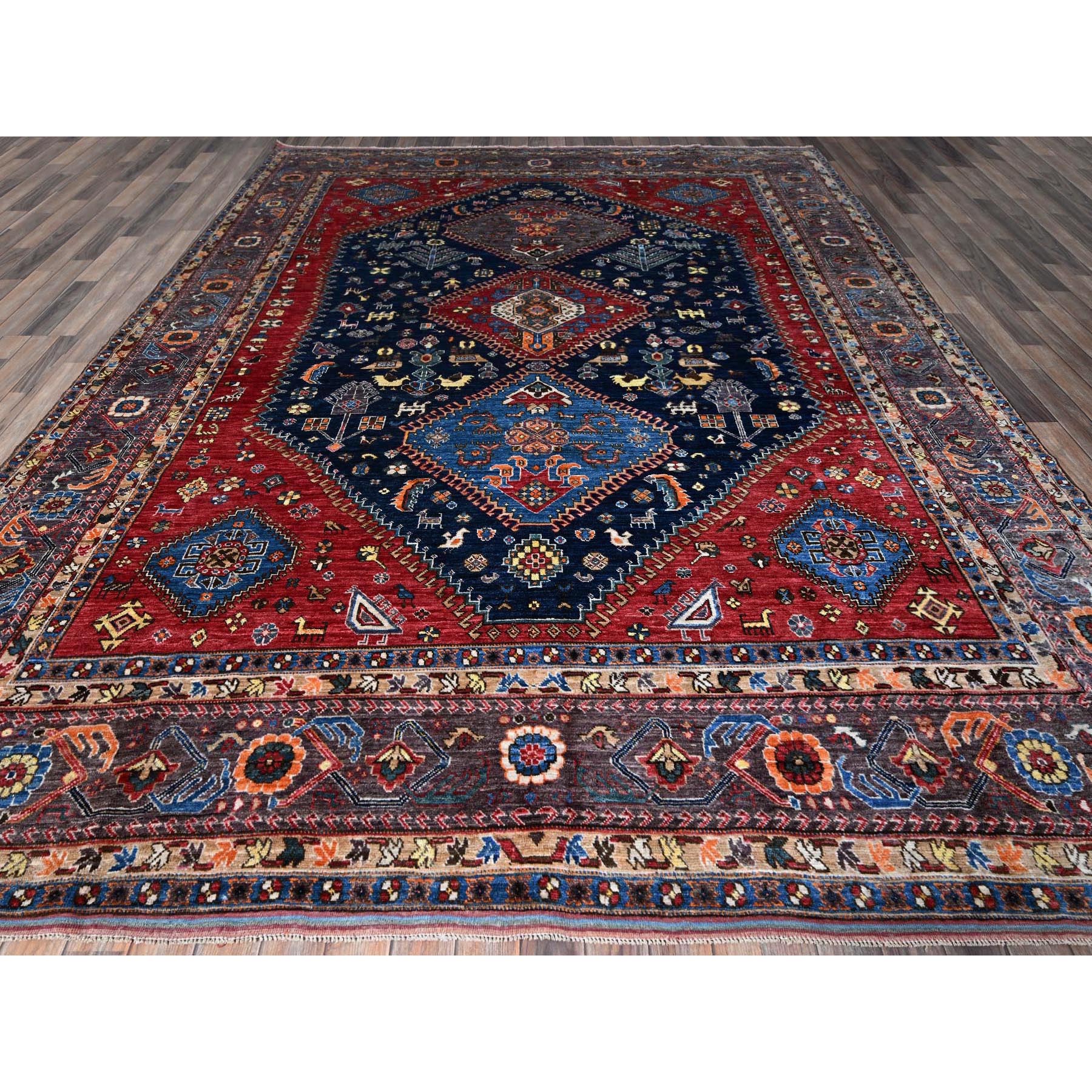 9'3"x11' Yale Blue, Afghan Ersari with Turkish Knot, Caucasian Design Revival, Small Animal Figurines, Vegetable Dyes, Hand Knotted, Soft and Shiny Wool, Oriental Rug Sh569