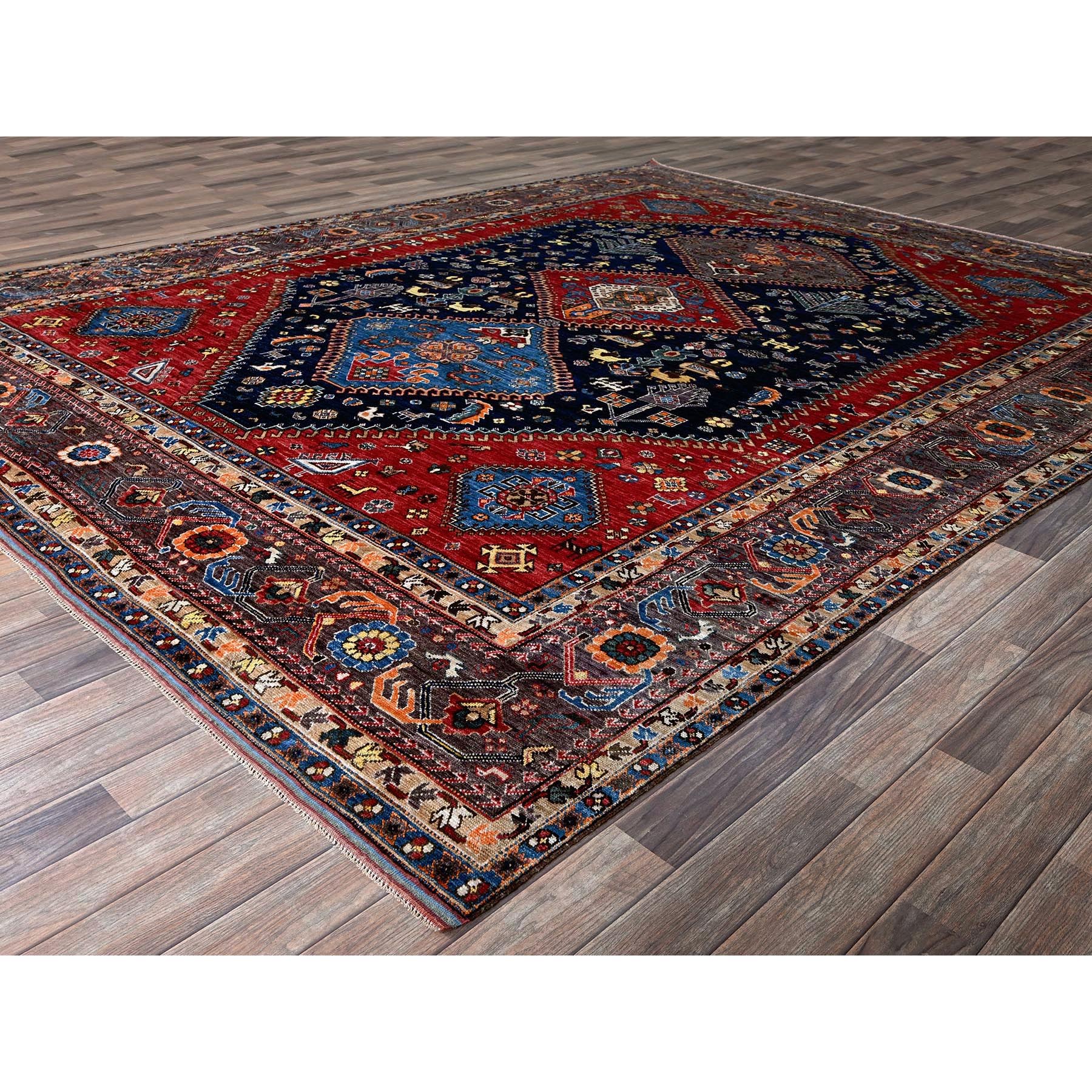 9'3"x11' Yale Blue, Afghan Ersari with Turkish Knot, Caucasian Design Revival, Small Animal Figurines, Vegetable Dyes, Hand Knotted, Soft and Shiny Wool, Oriental Rug Sh569